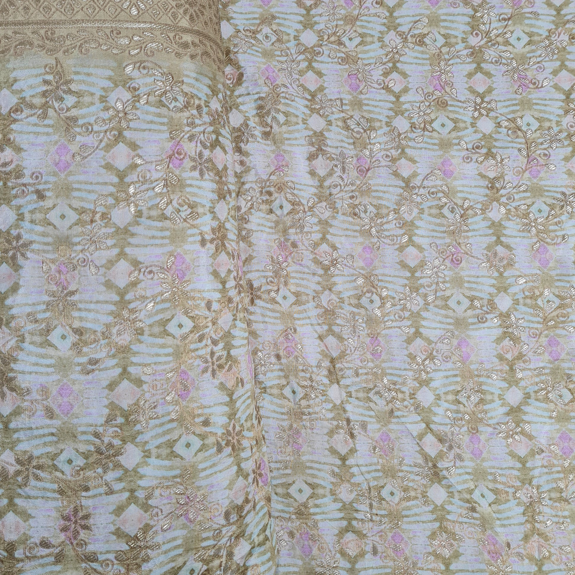Mint Green Geometrical Print Gold Zari Dola Silk Jacquard Fabric