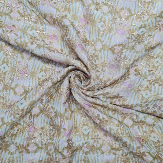 Mint Green Geomaterical Print Gold Zari Dola Silk Jacquard Fabric