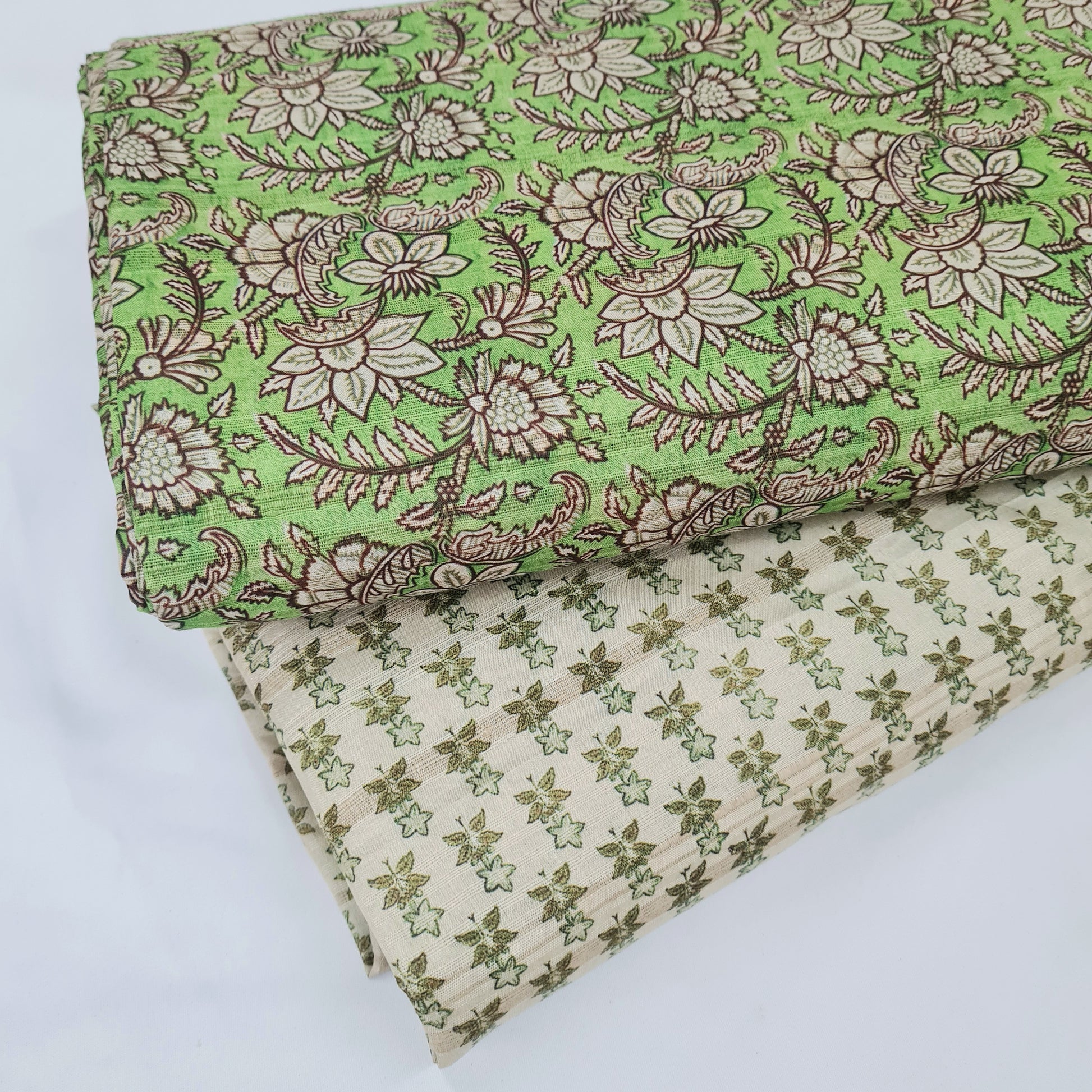 Cream With Green Floral & Green With Cream Floral Print Tusser Silk Mix & Match Set - TradeUNO