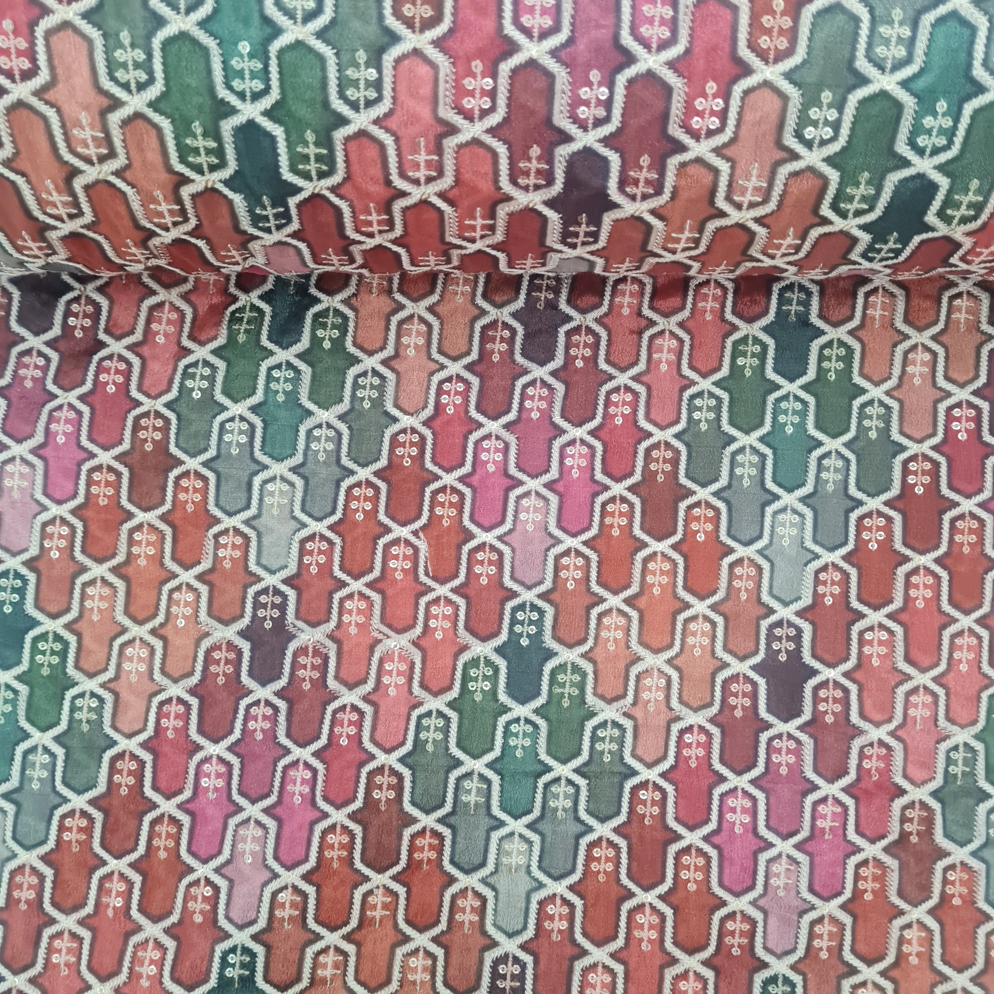 Peach Pink With Multicolor Geomaterial Position Print Embroidery Chinon Fabric - TradeUNO