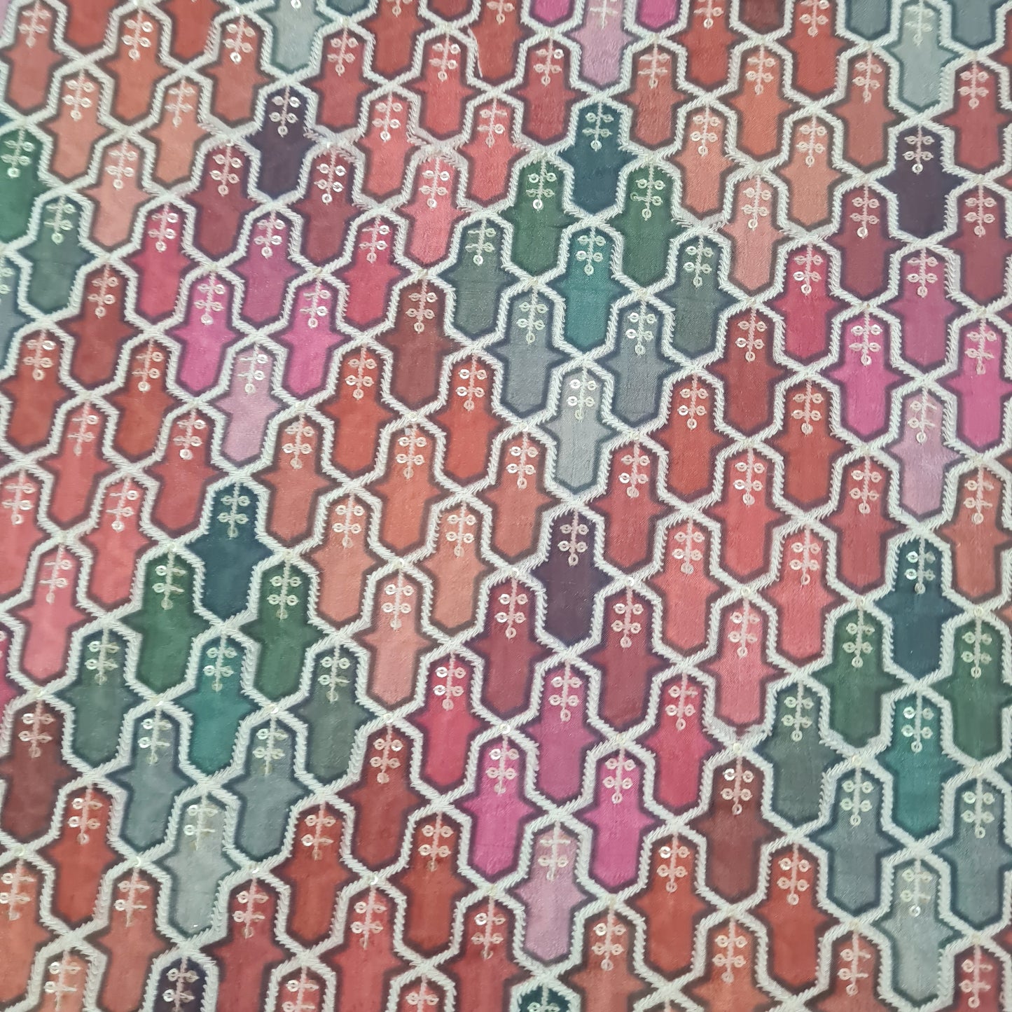 Peach Pink With Multicolor Geomaterial Position Print Embroidery Chinon Fabric - TradeUNO