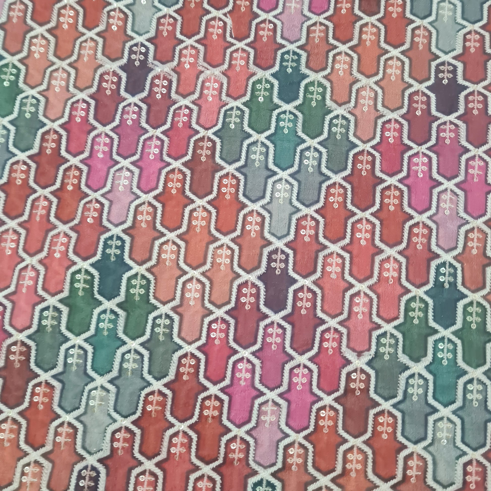 Peach Pink With Multicolor Geomaterial Position Print Embroidery Chinon Fabric - TradeUNO