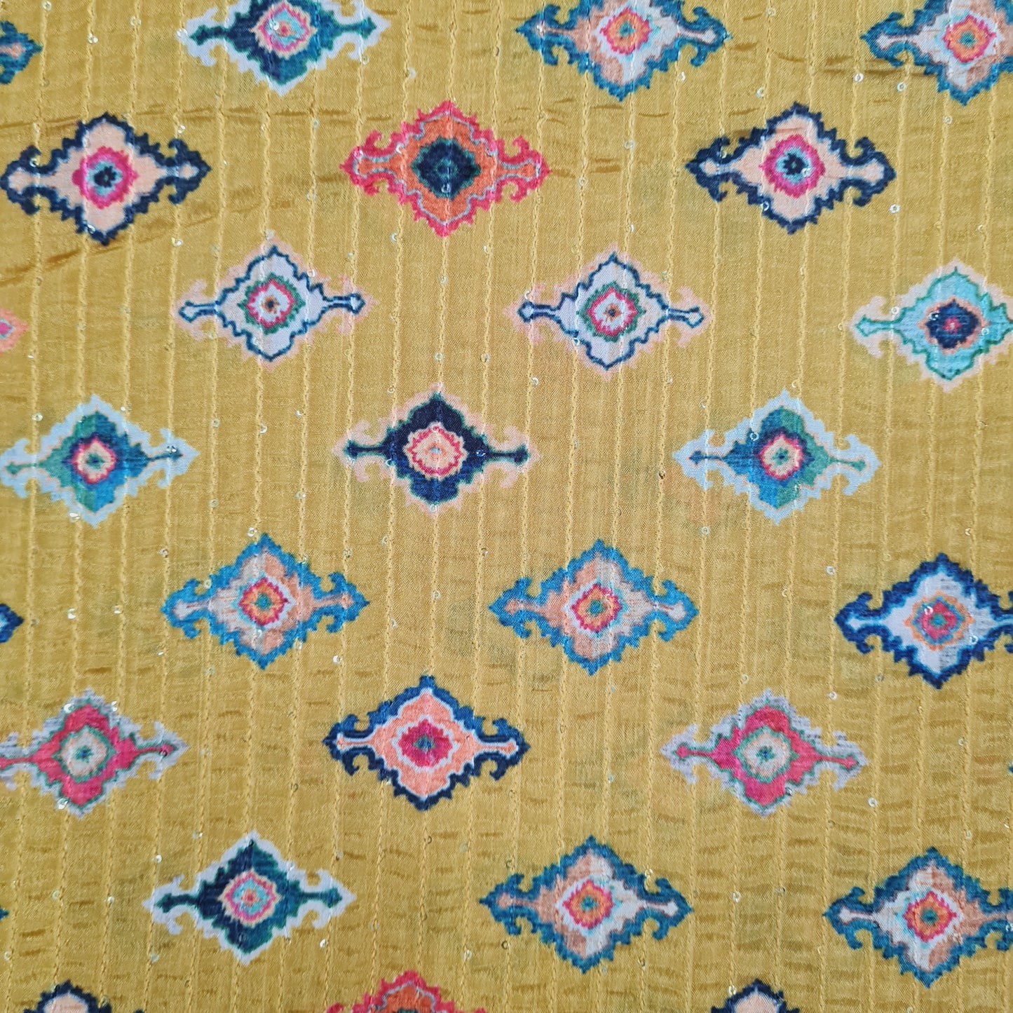Mustard Patola Position Print Sequence Chinon Fabric - TradeUNO