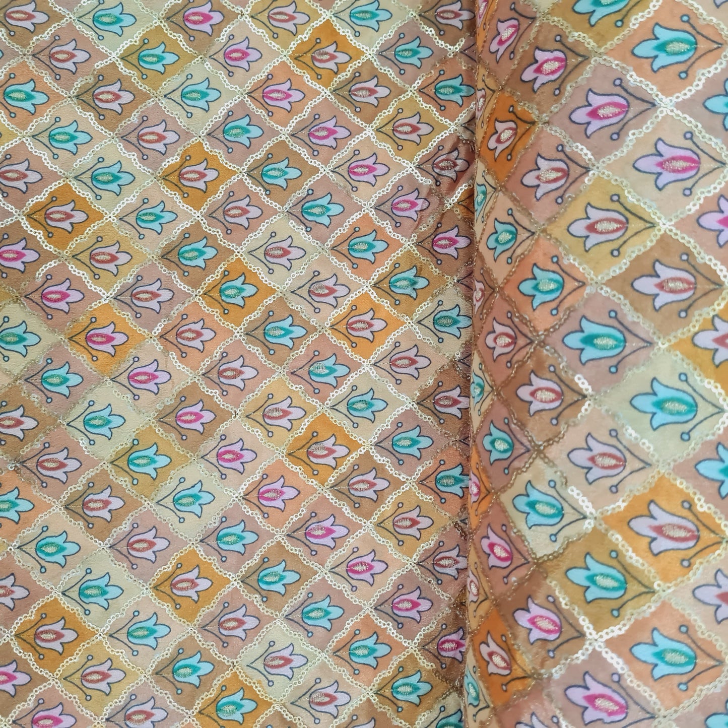 Brown With Multicolor Floral Position Print Embroidery Chinon Fabric - TradeUNO