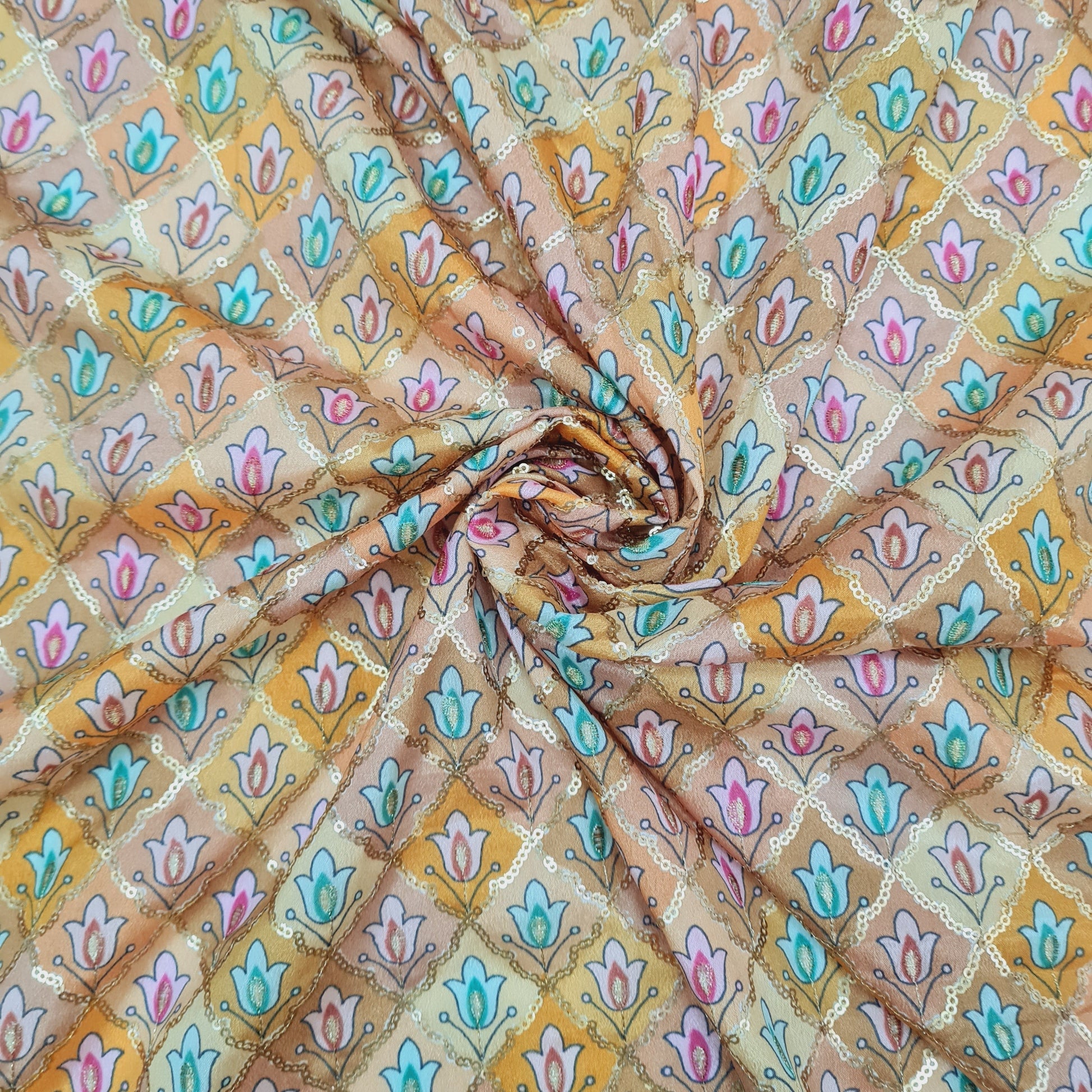 Brown With Multicolor Floral Position Print Embroidery Chinon Fabric - TradeUNO