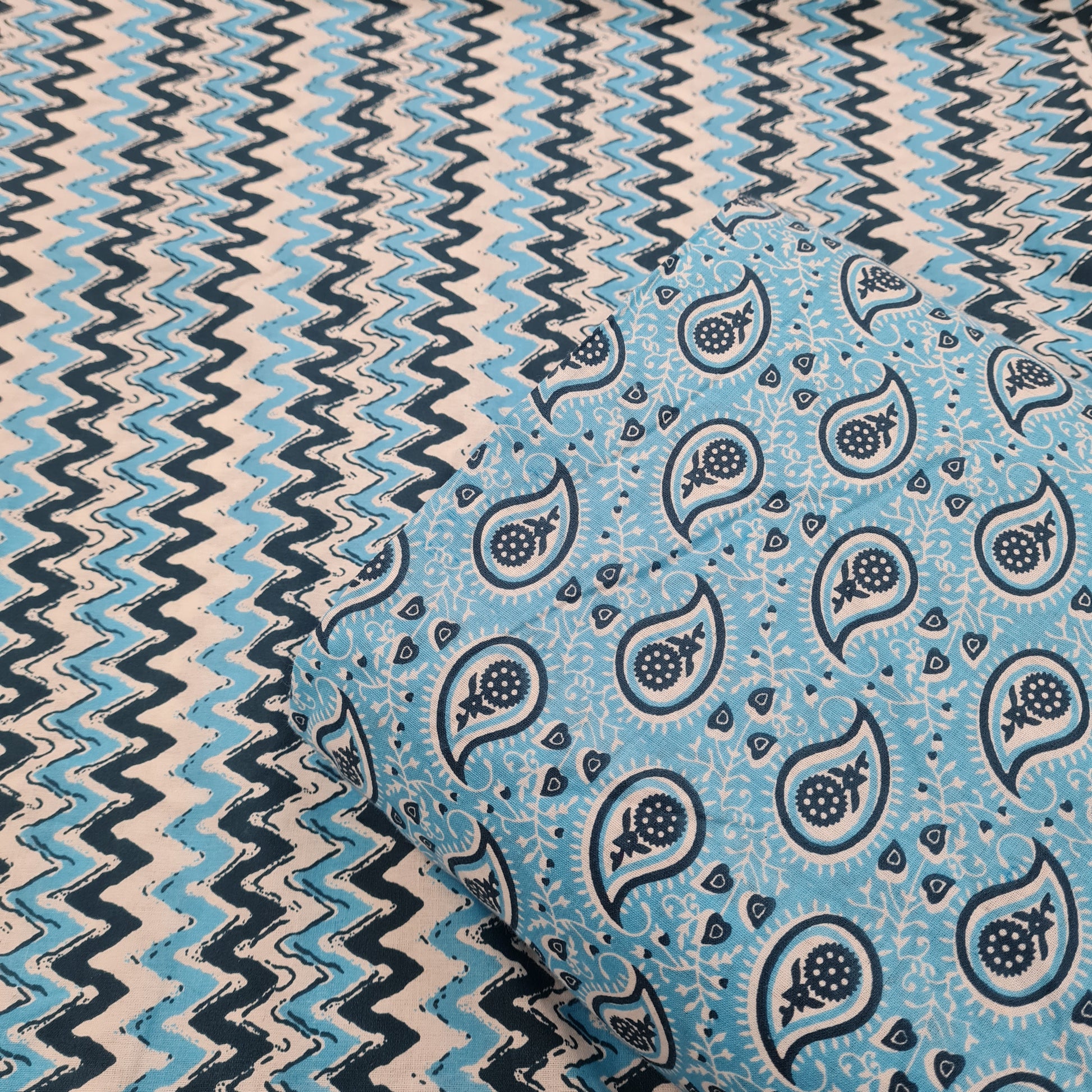 Sky Blue Paisley & White With Blue Chevron Print Poplin - TradeUNO