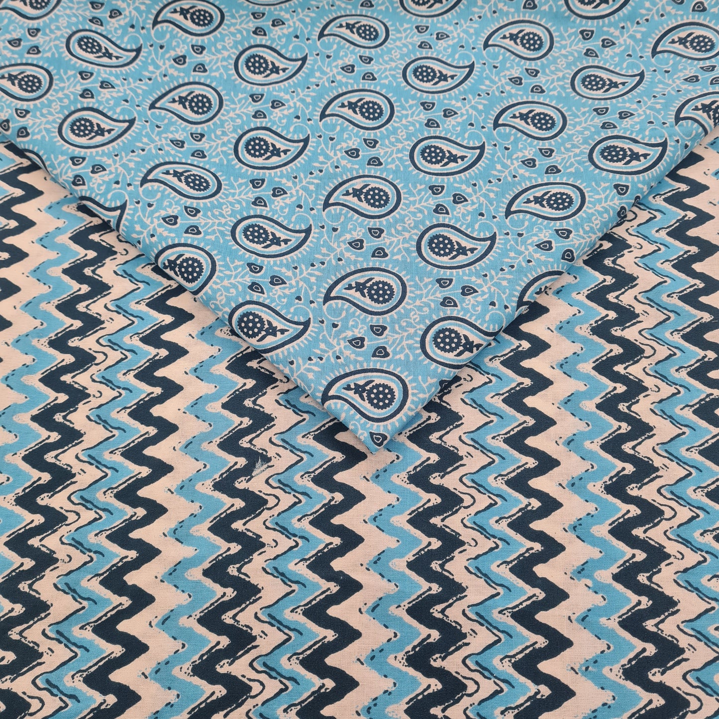 Sky Blue Paisley & White With Blue Chevron Print Poplin - TradeUNO