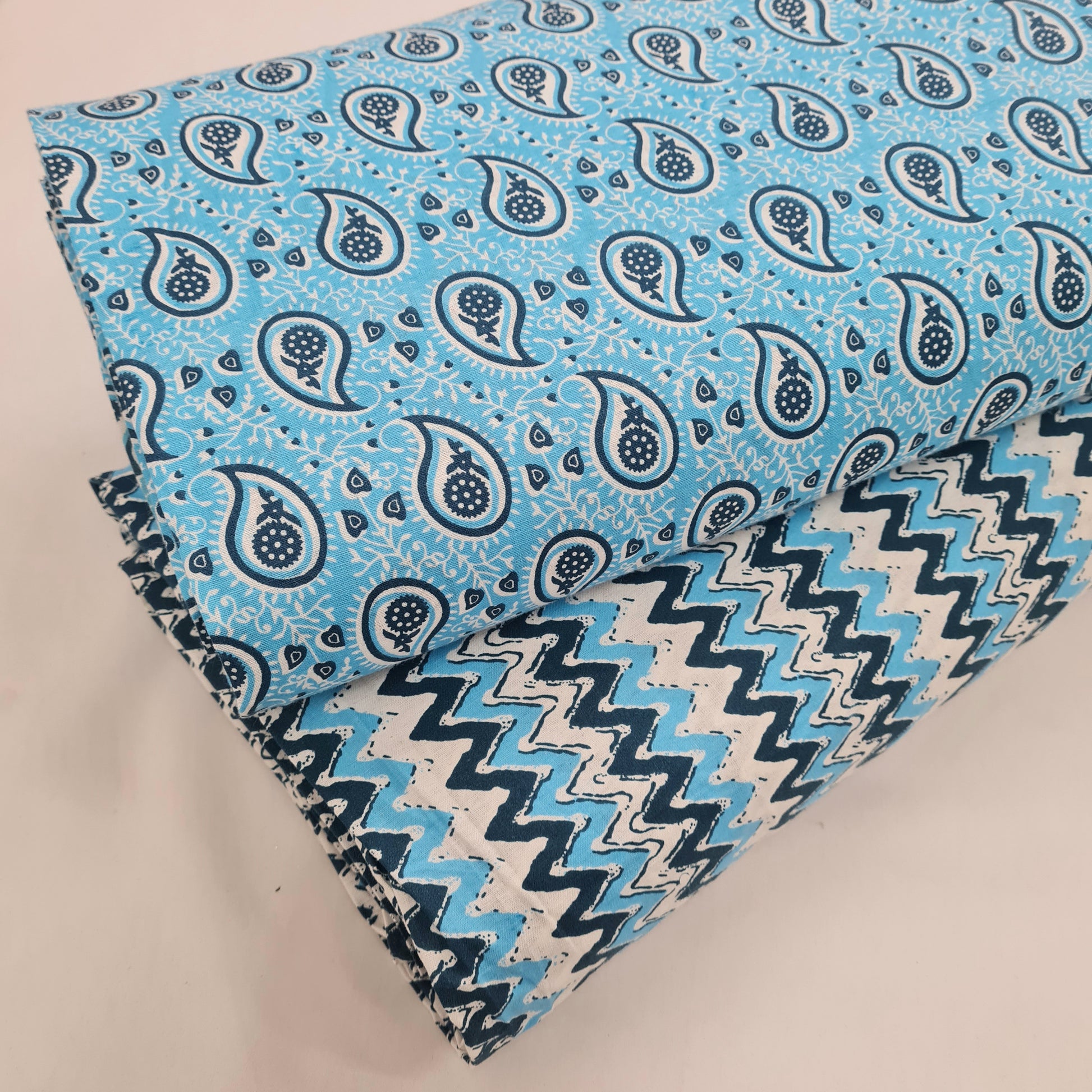 Sky Blue Paisley & White With Blue Chevron Print Poplin - TradeUNO