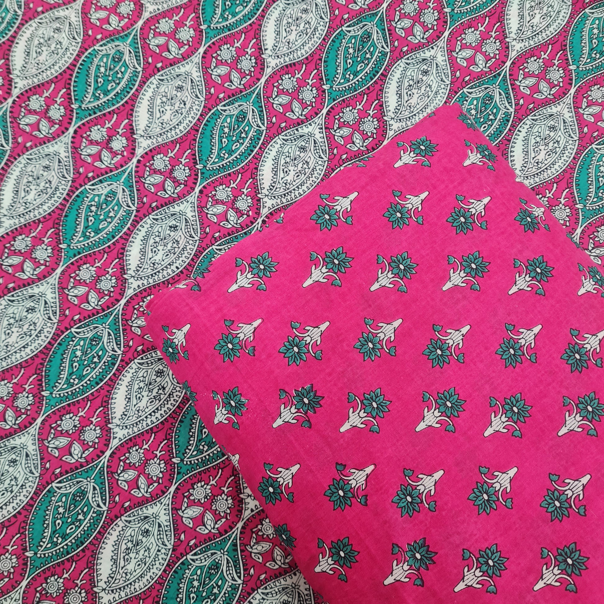 Blue Floral Print & Pink Traditional Print Cotton Suit Set - TradeUNO