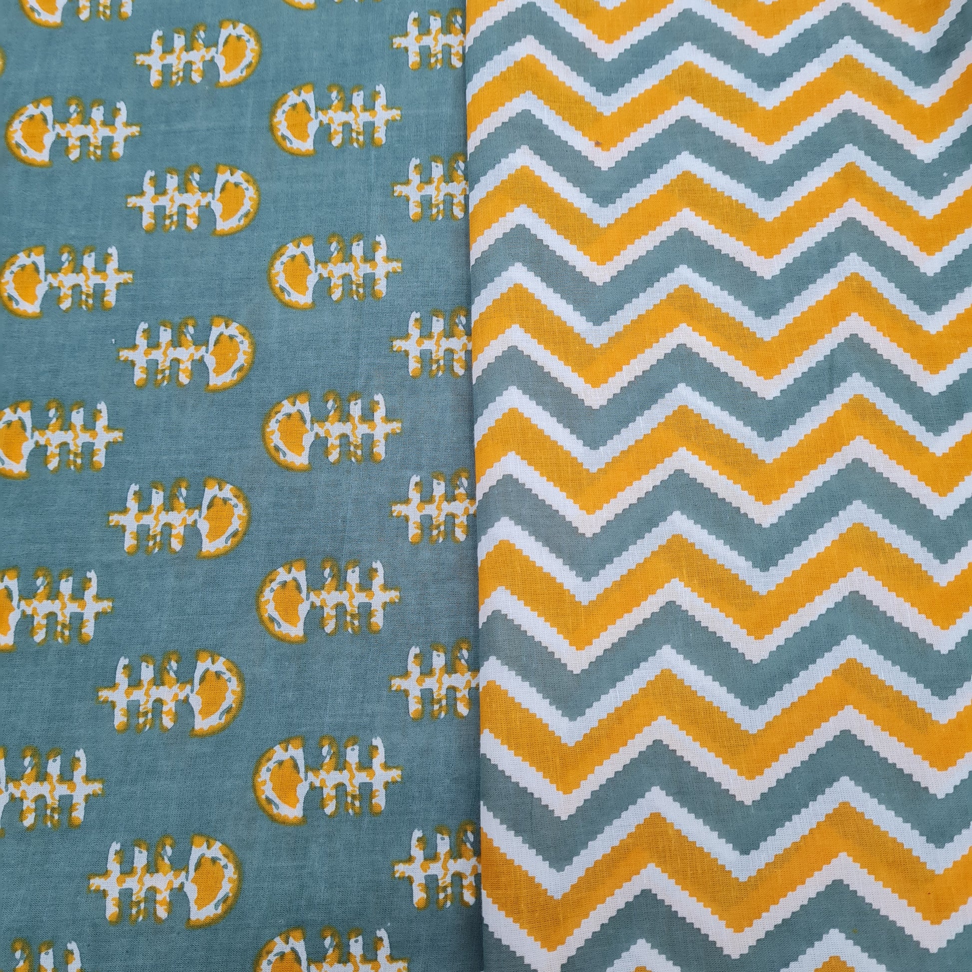 Yellow & Green Chevron Print & Green Handblock Print - TradeUNO