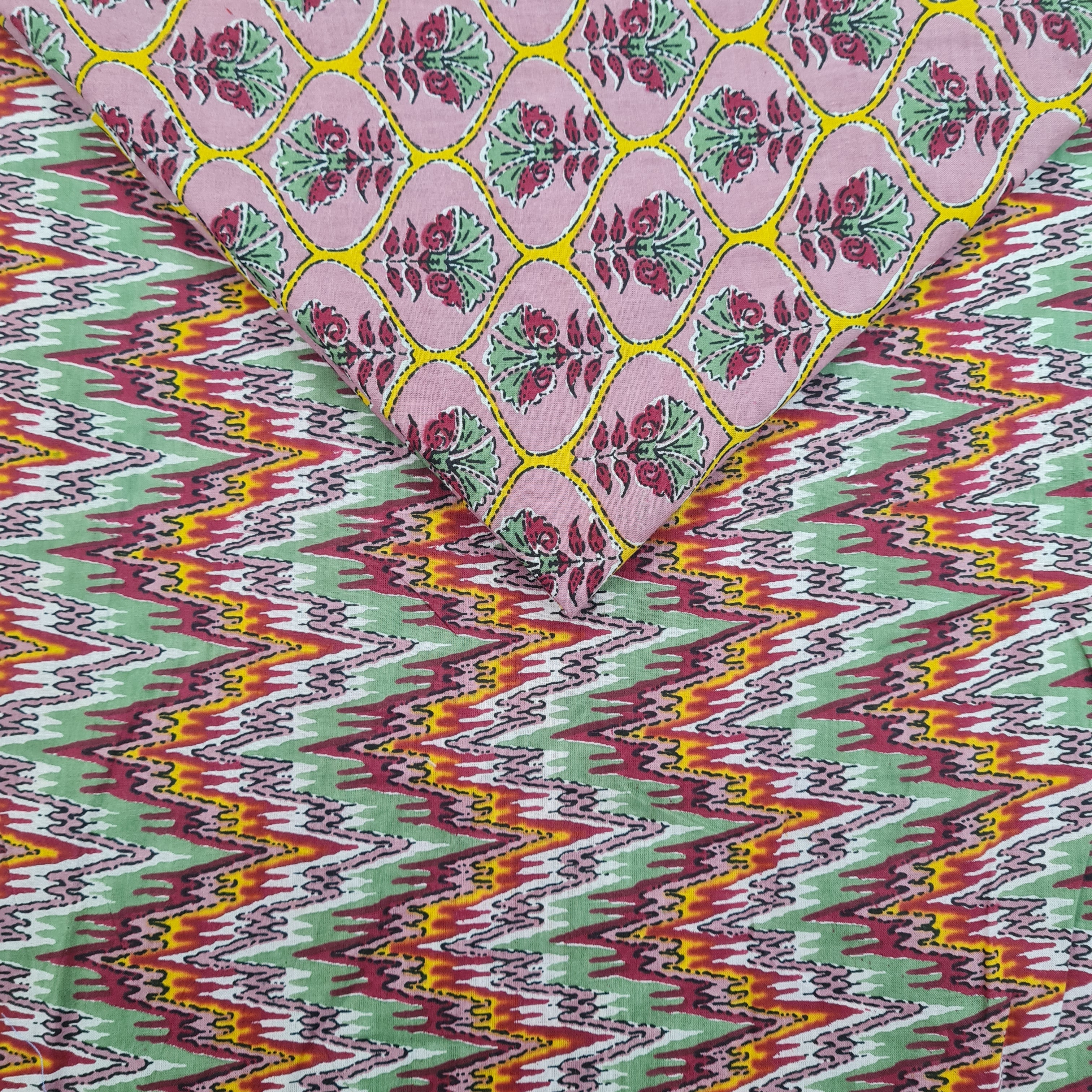 Peach Floral Print & Green With Multicolor Ikkat Print - TradeUNO