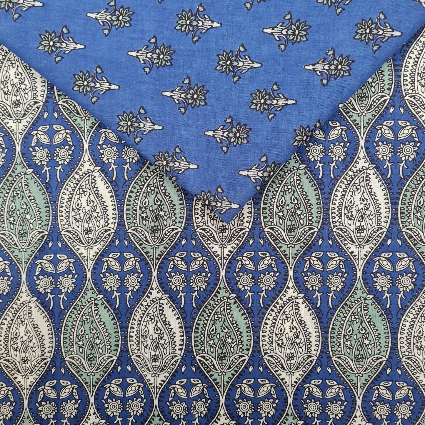 Blue Floral Print & Blue Traditional Print Cotton Suit Set - TradeUNO