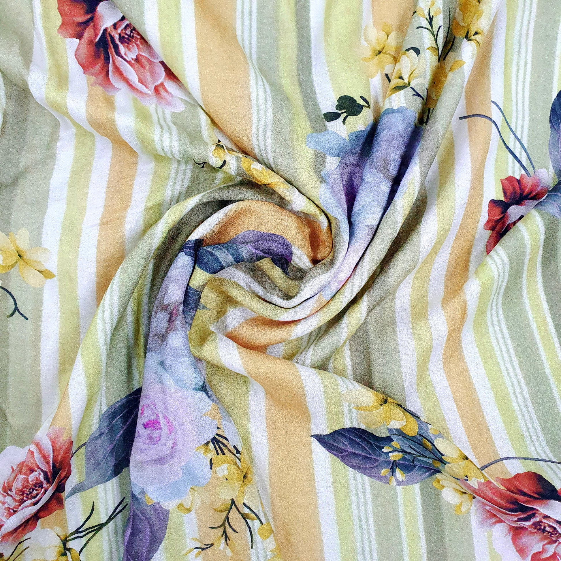Multi Color Floral Stripe Print Viscose Fabric Trade UNO