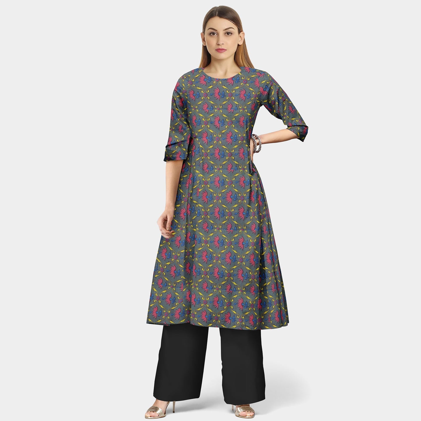 Grey & Pink Floral Print Cotton Fabric Trade UNO