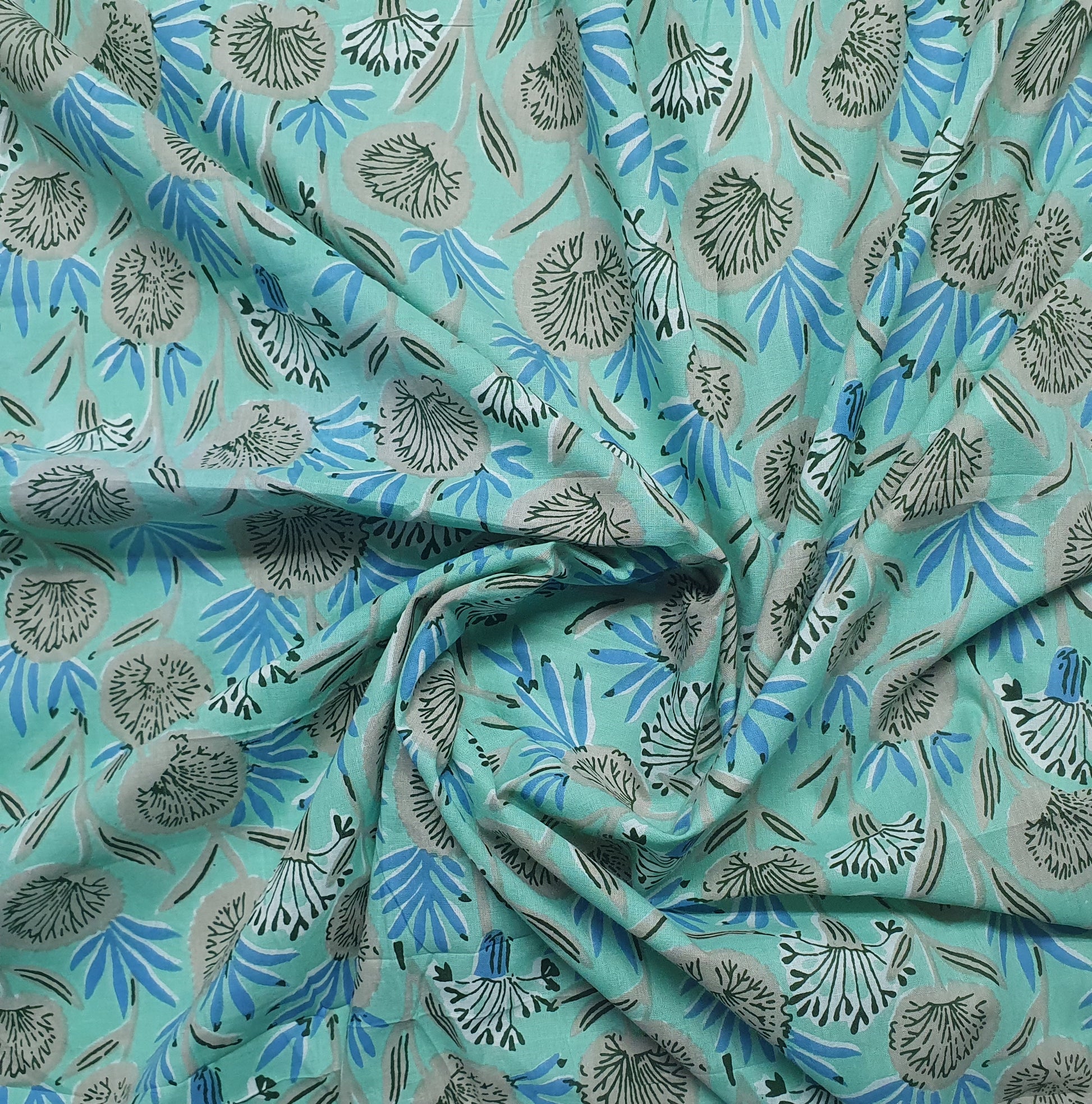 Sea Green & Grey Floral Print Cotton Fabric Trade UNO