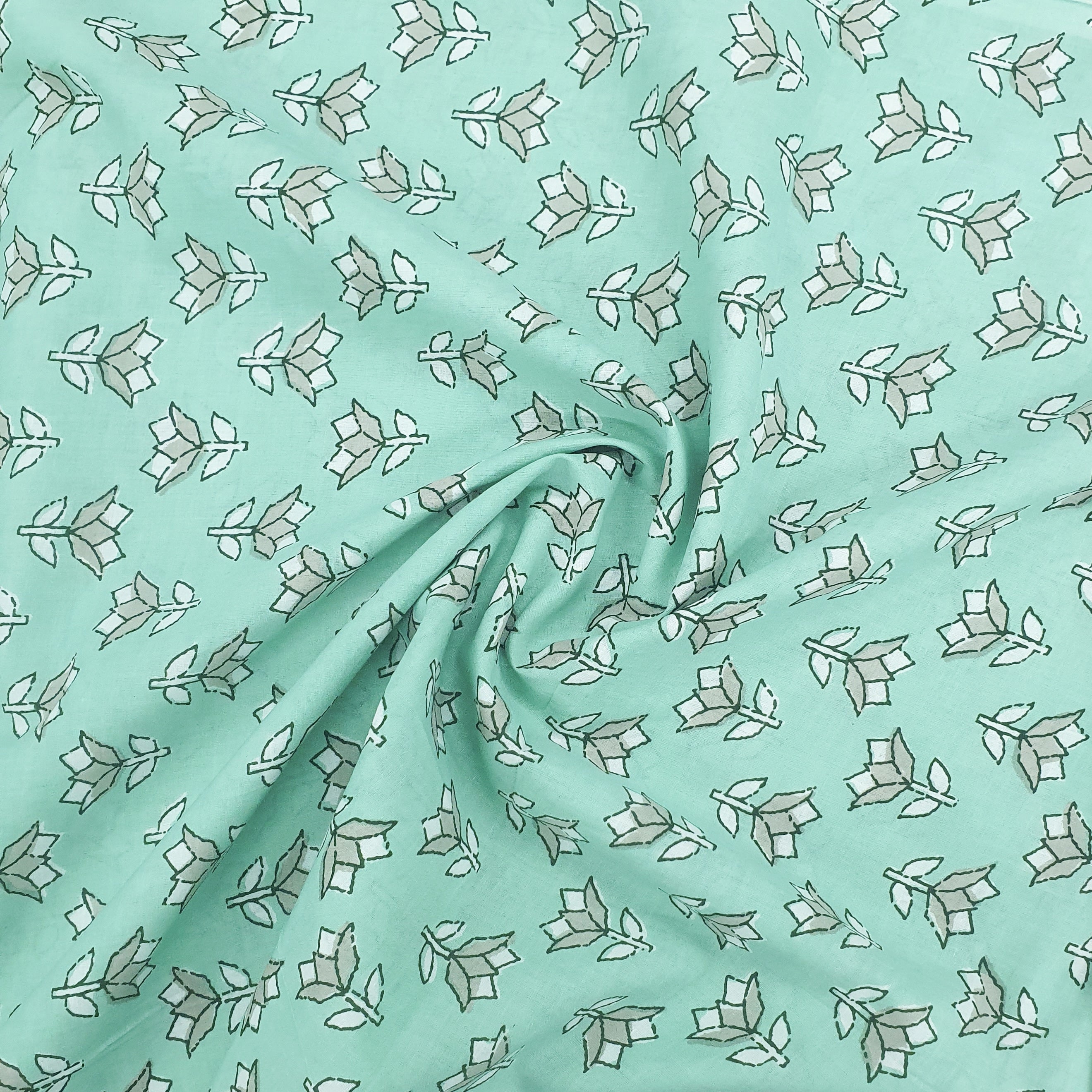 Sea Green Handblock Floral Print Cotton Fabric Trade UNO