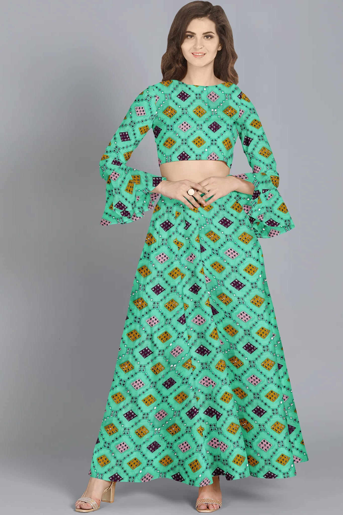 Green Embroidery With Mirror Sequence Georgette Fabric