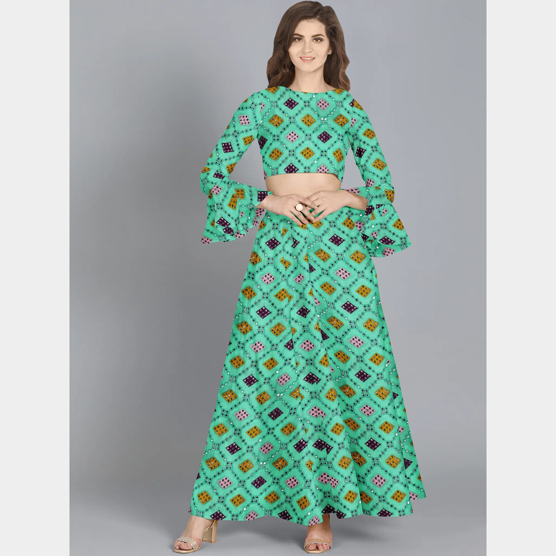 Green Embroidery With Mirror Sequence Georgette Fabric