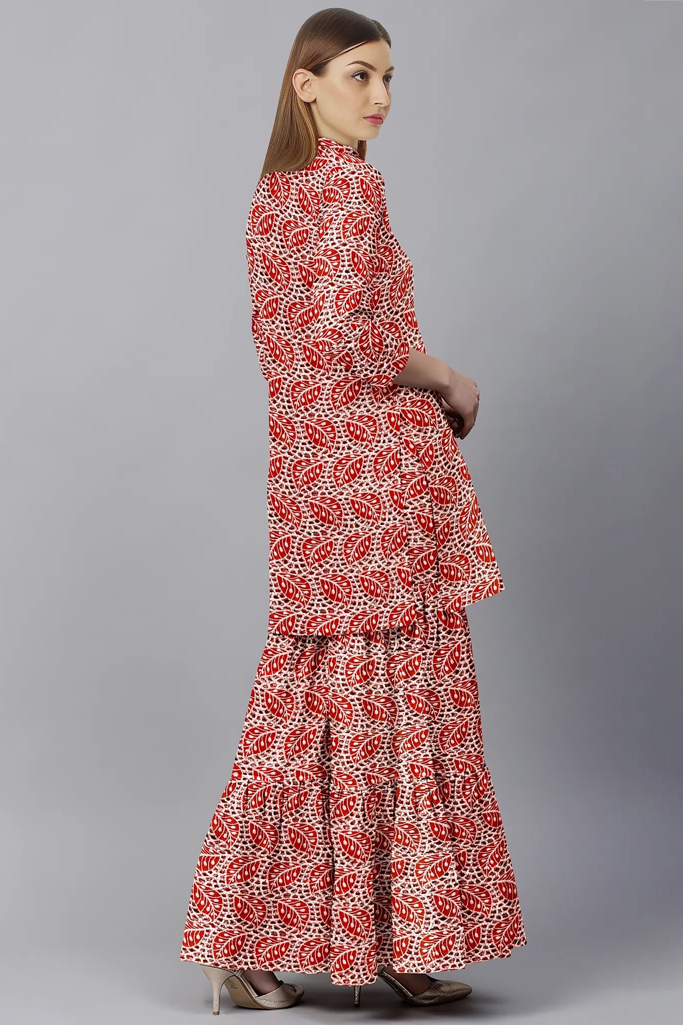 Orange & White Floral Schiffli Fabric