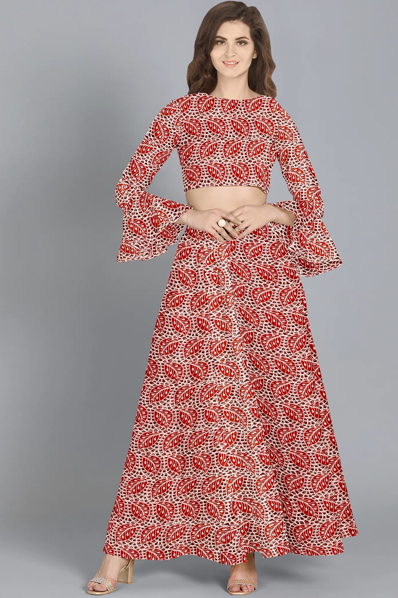 Orange & White Floral Schiffli Fabric