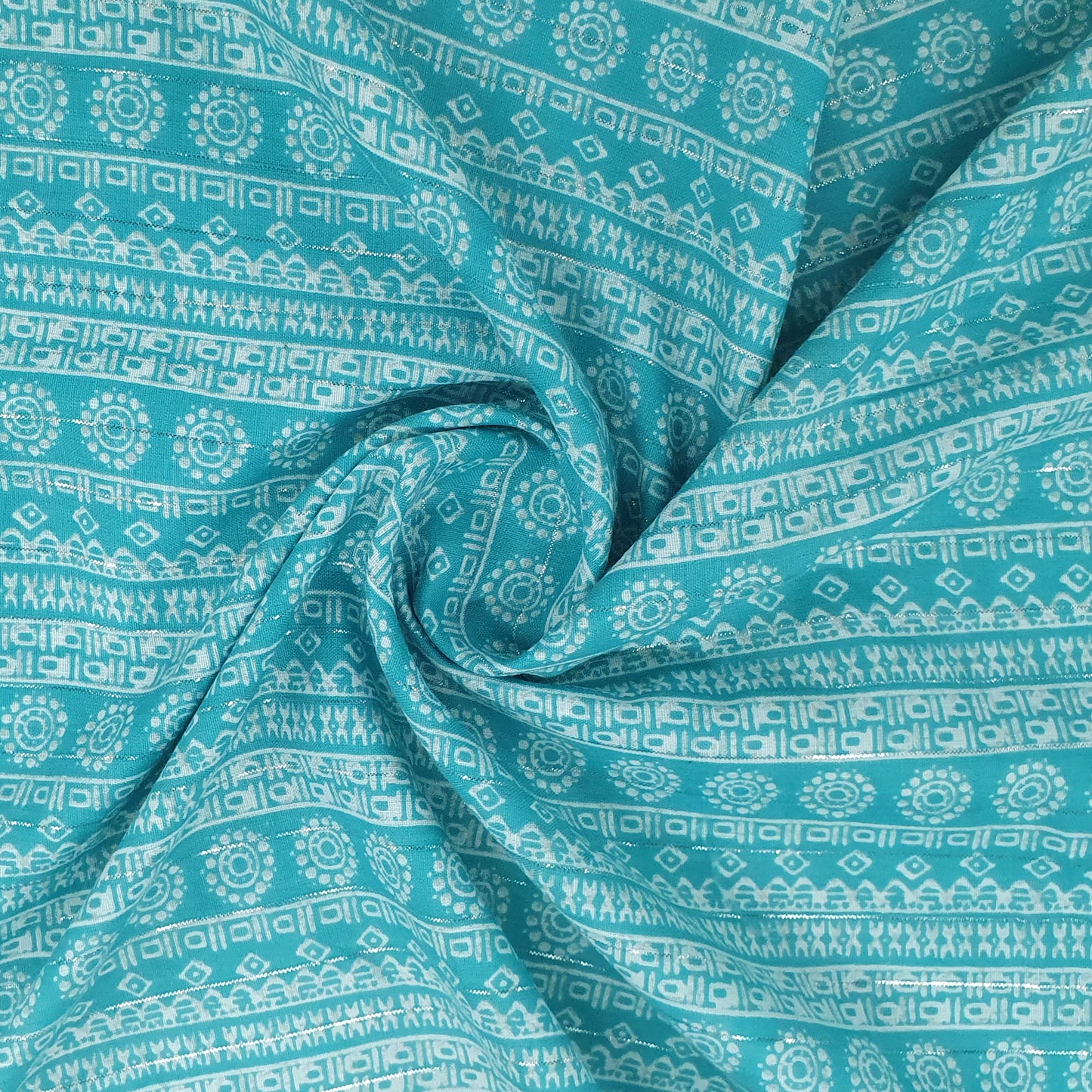 Aqua Blue Abstract with Lurex Cotton Slub Fabric Trade UNO