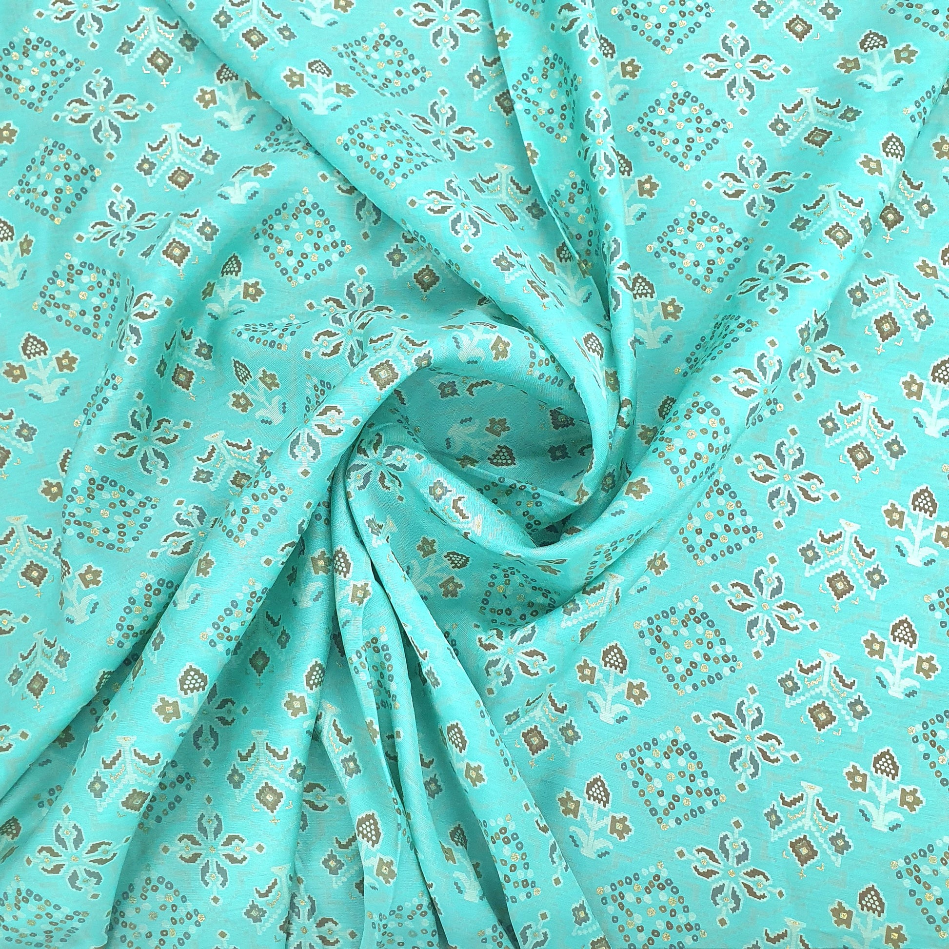 Aqua Blue Traditional With Foil Print Rayon Fabric Trade UNO