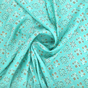 Aqua Blue Traditional With Foil Print Rayon Fabric