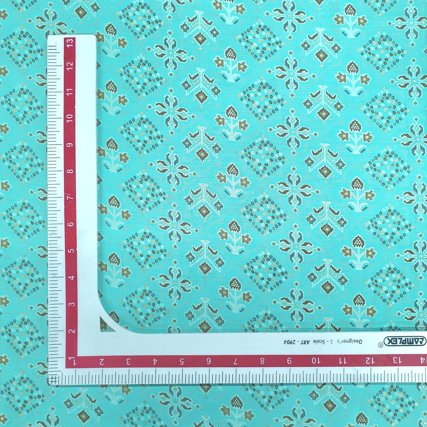 Aqua Blue Traditional With Foil Print Rayon Fabric Trade UNO