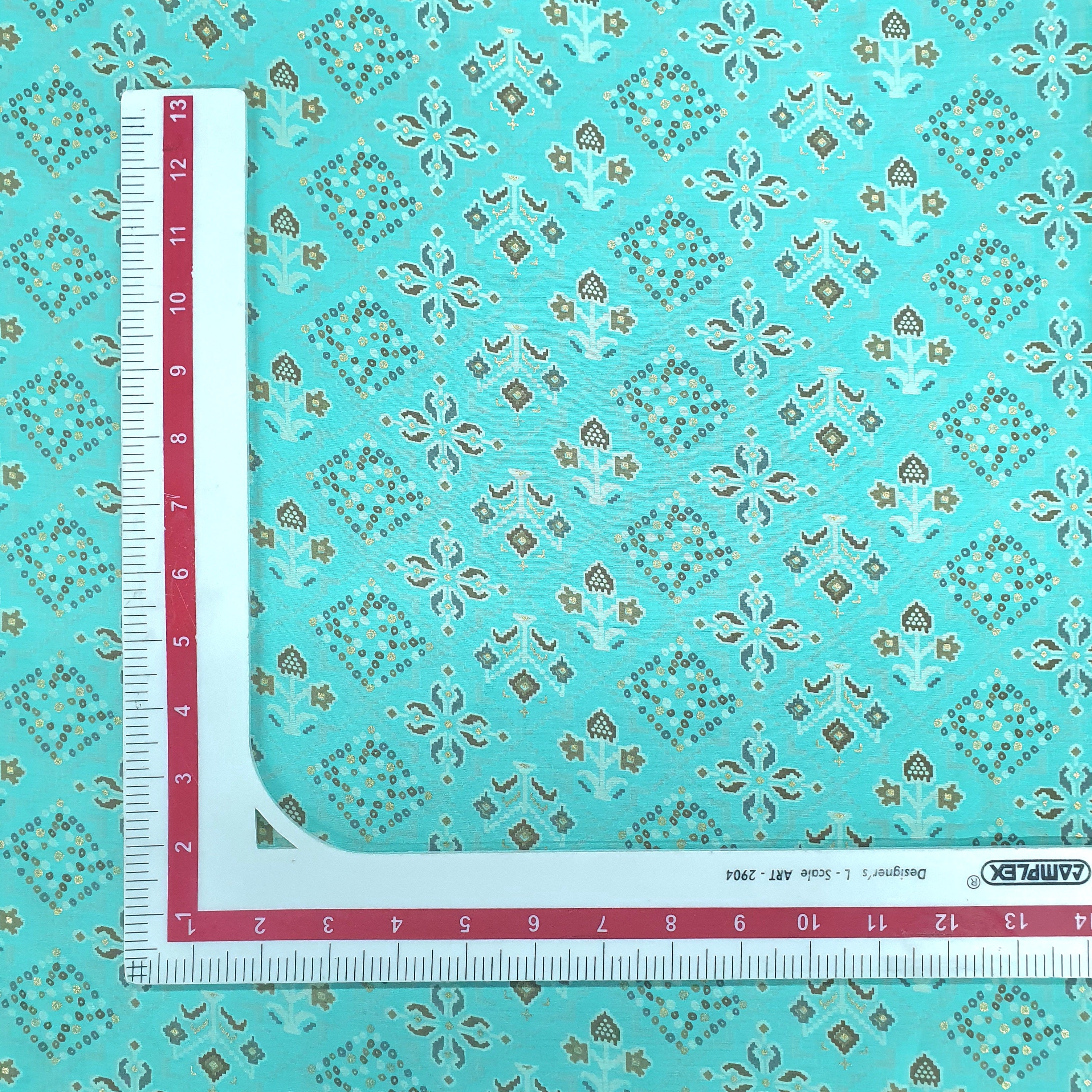Aqua Blue Traditional With Foil Print Rayon Fabric Trade UNO