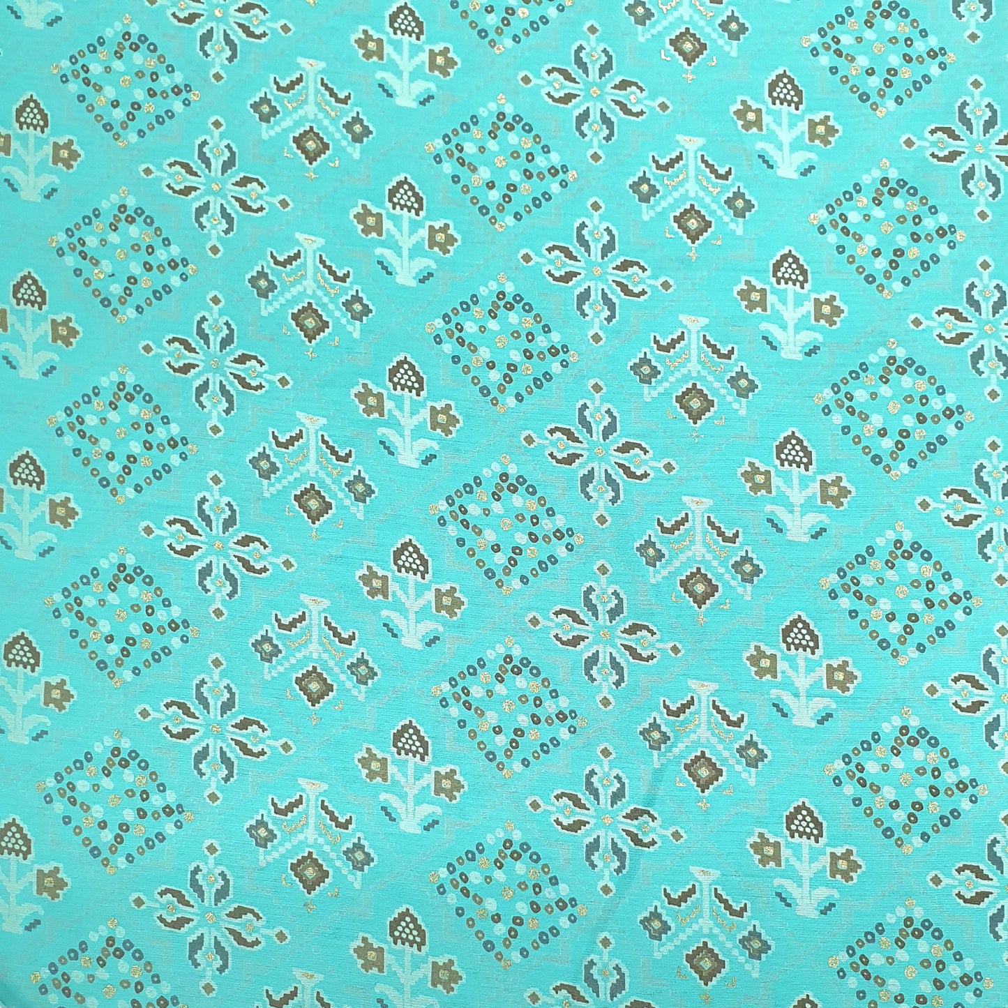 Aqua Blue Traditional With Foil Print Rayon Fabric Trade UNO