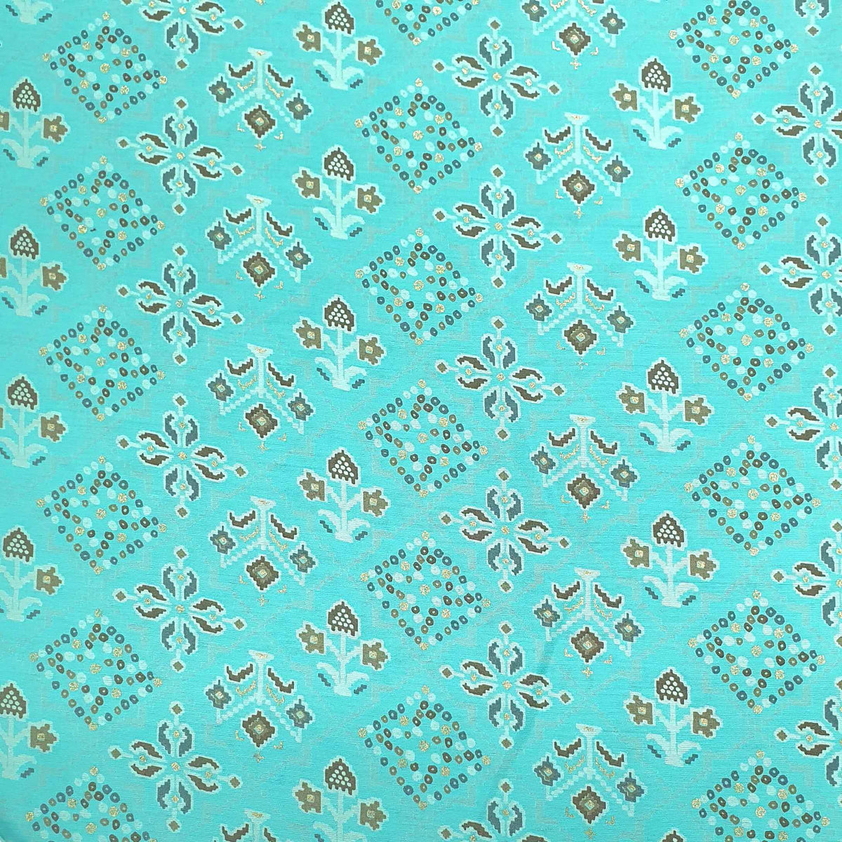 Aqua Blue Traditional With Foil Print Rayon Fabric