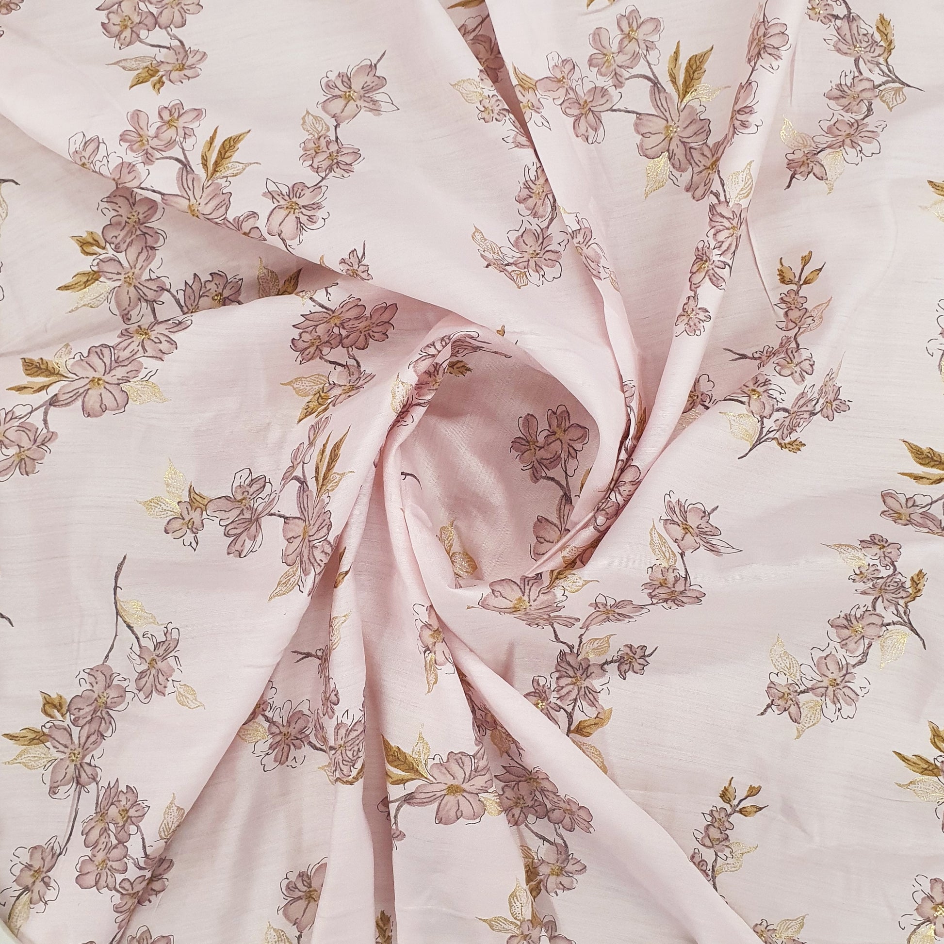 Baby Pink Floral With Foil Print Rayon Fabric Trade UNO