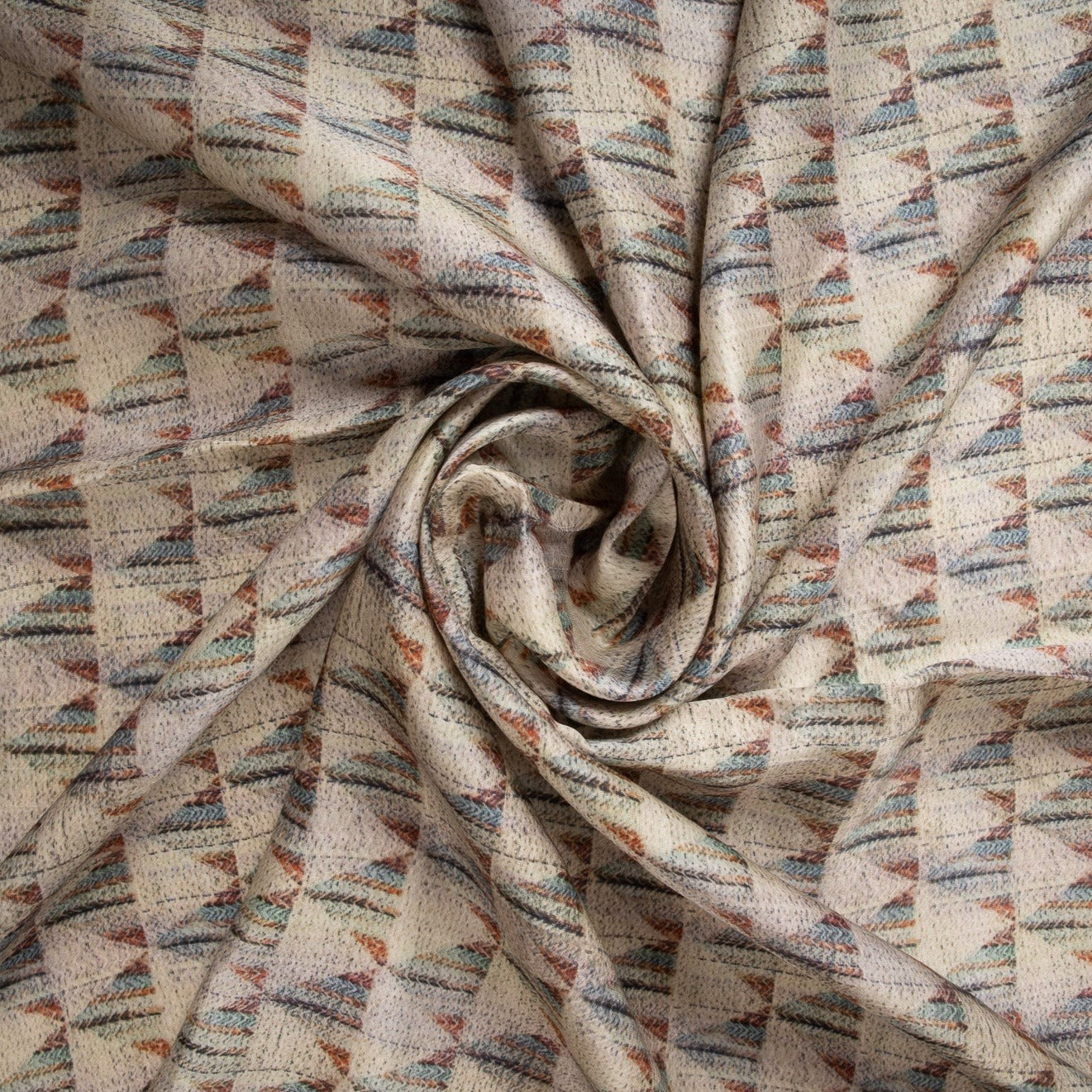 Beige Geometrical Print Satin Linen Fabric Trade UNO