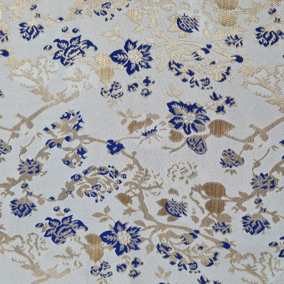 Beige & Blue Floral Print Brocade Fabric Trade Uno
