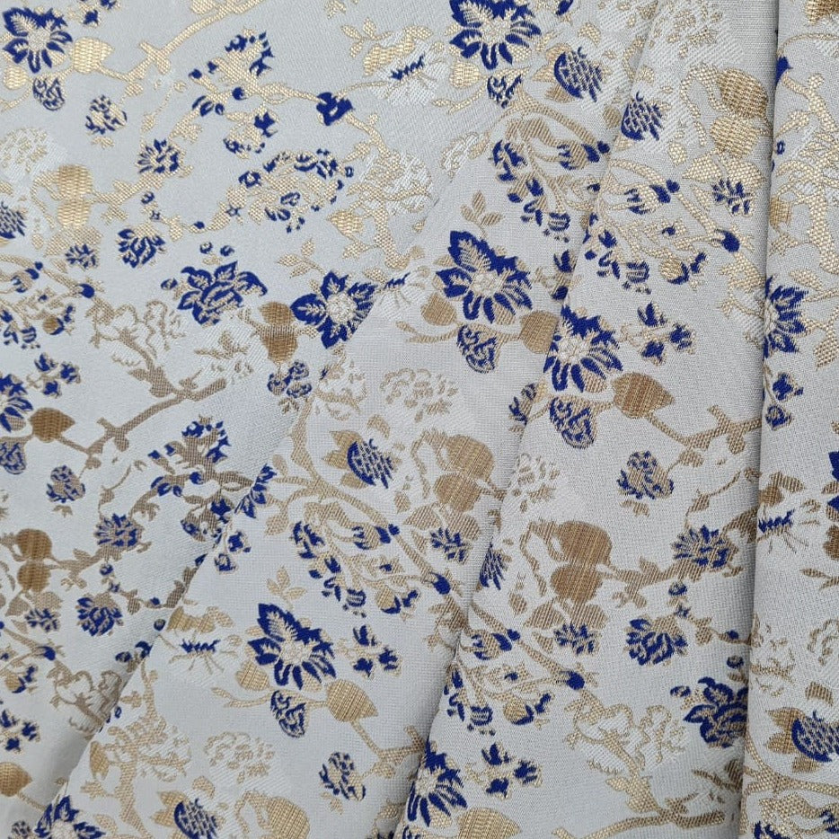 Beige & Blue Floral Print Brocade Fabric Trade Uno