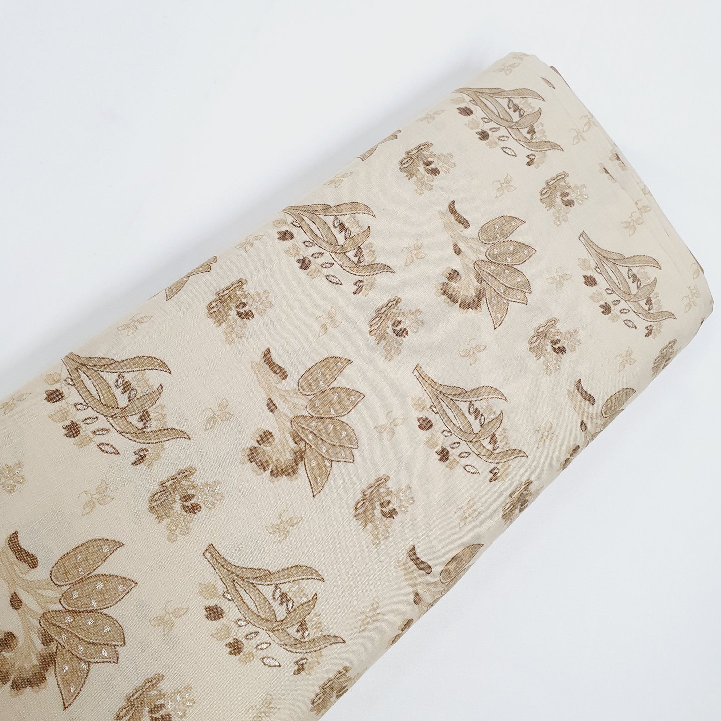 Beige & Brown Floral With Foil Print Rayon Fabric Trade UNO