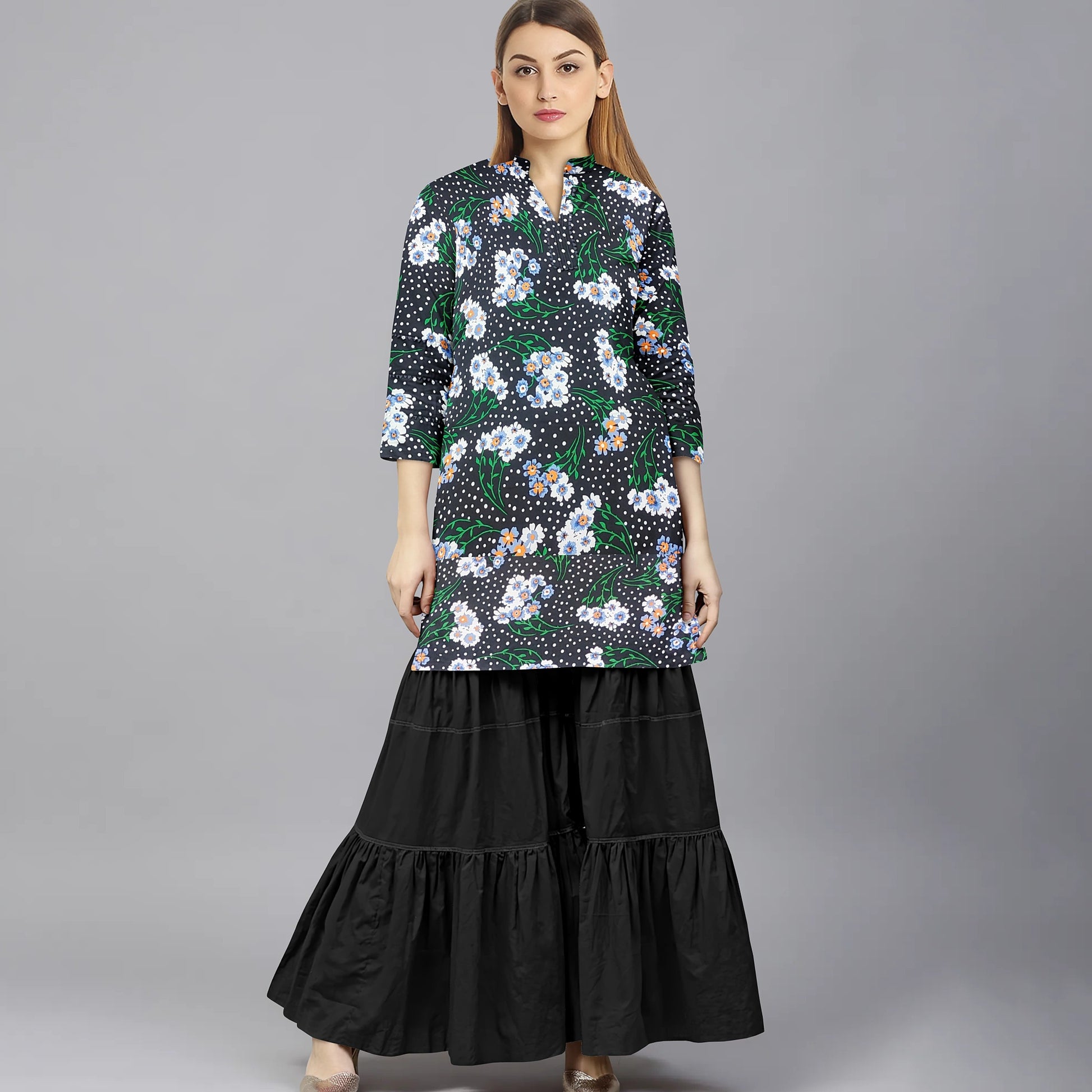 Black Floral Print Rayon Fabric Trade UNO