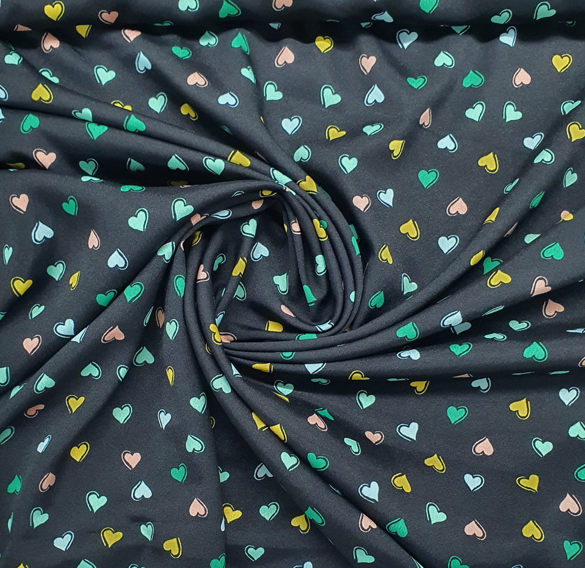 Black Quirky heart Print Poly Rayon Fabric Trade UNO