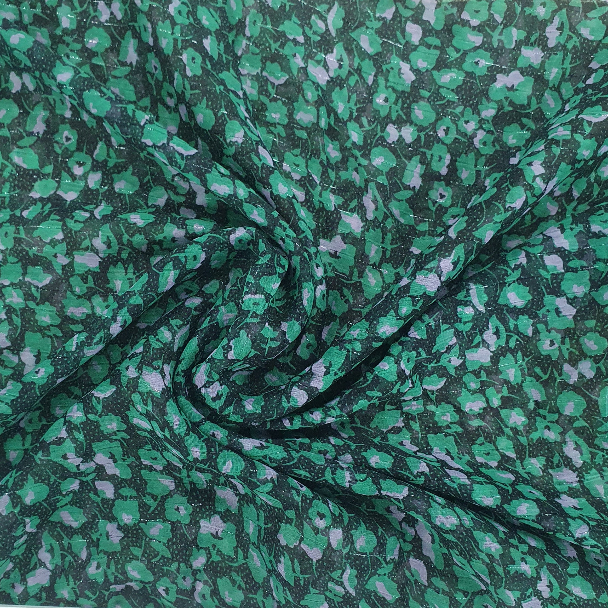 Black & Green Floral With Silver Lurex Chiffon Fabric Trade UNO