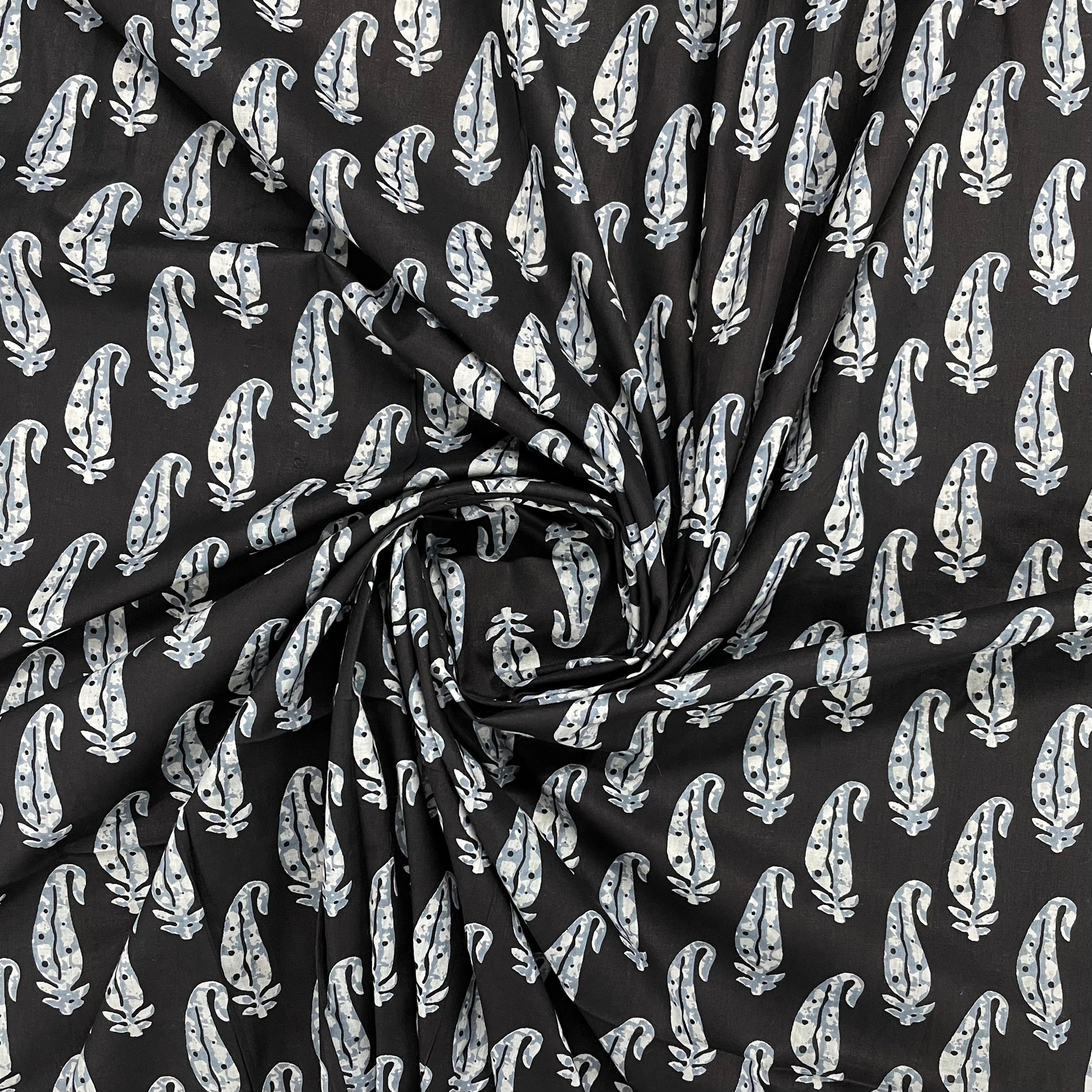 Black & White Paisley With Hand Block Print Cotton Fabric Trade UNO