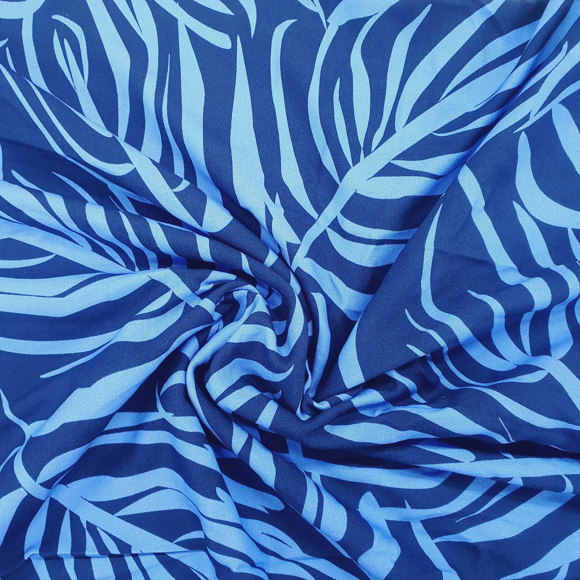 Blue Leaf Print Poly Viscose Rayon Fabric Online 