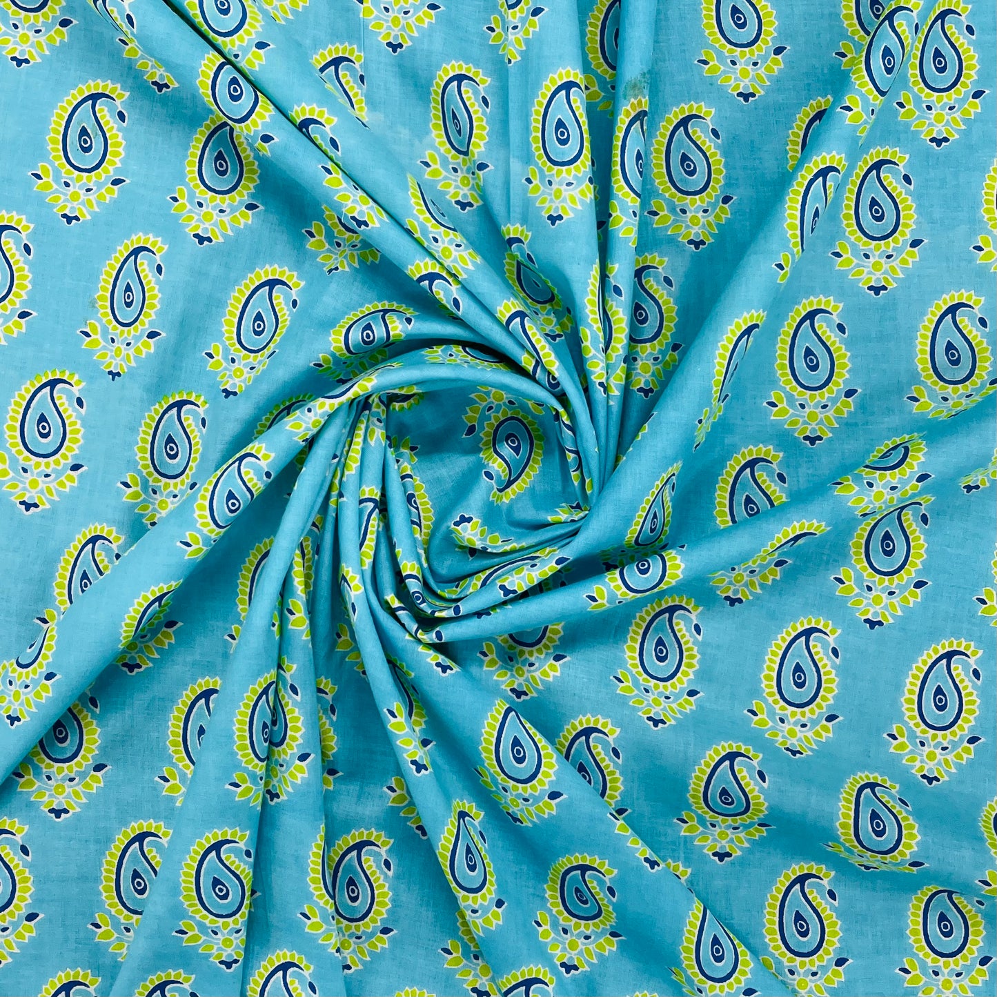 Sky Blue Paisley With Hand Block Print Cotton Fabric Trade UNO