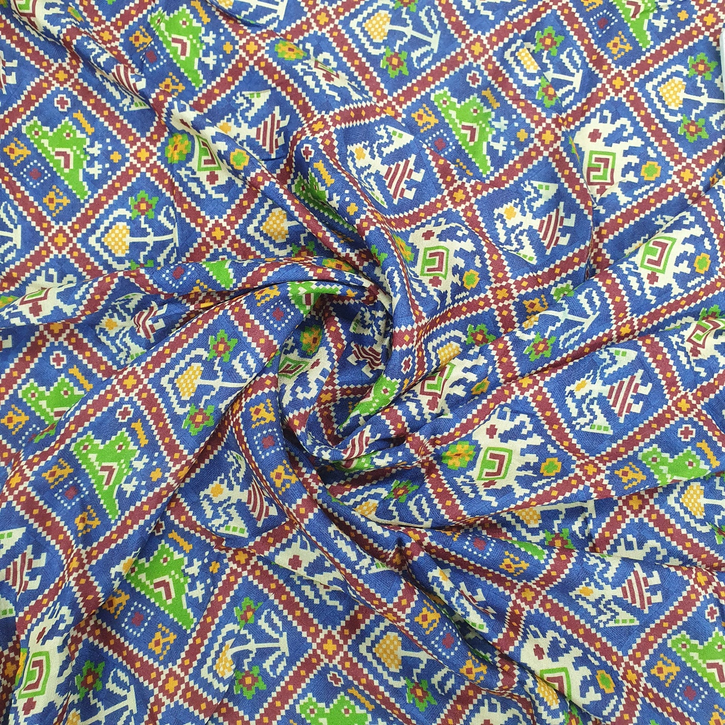 Blue & Red Ikkat Patola Print Poly Viscose Fabric Trade UNO