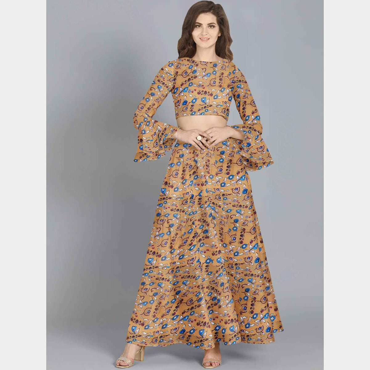 Brown Floral Madhubani Print Rayon Dobby Fabric