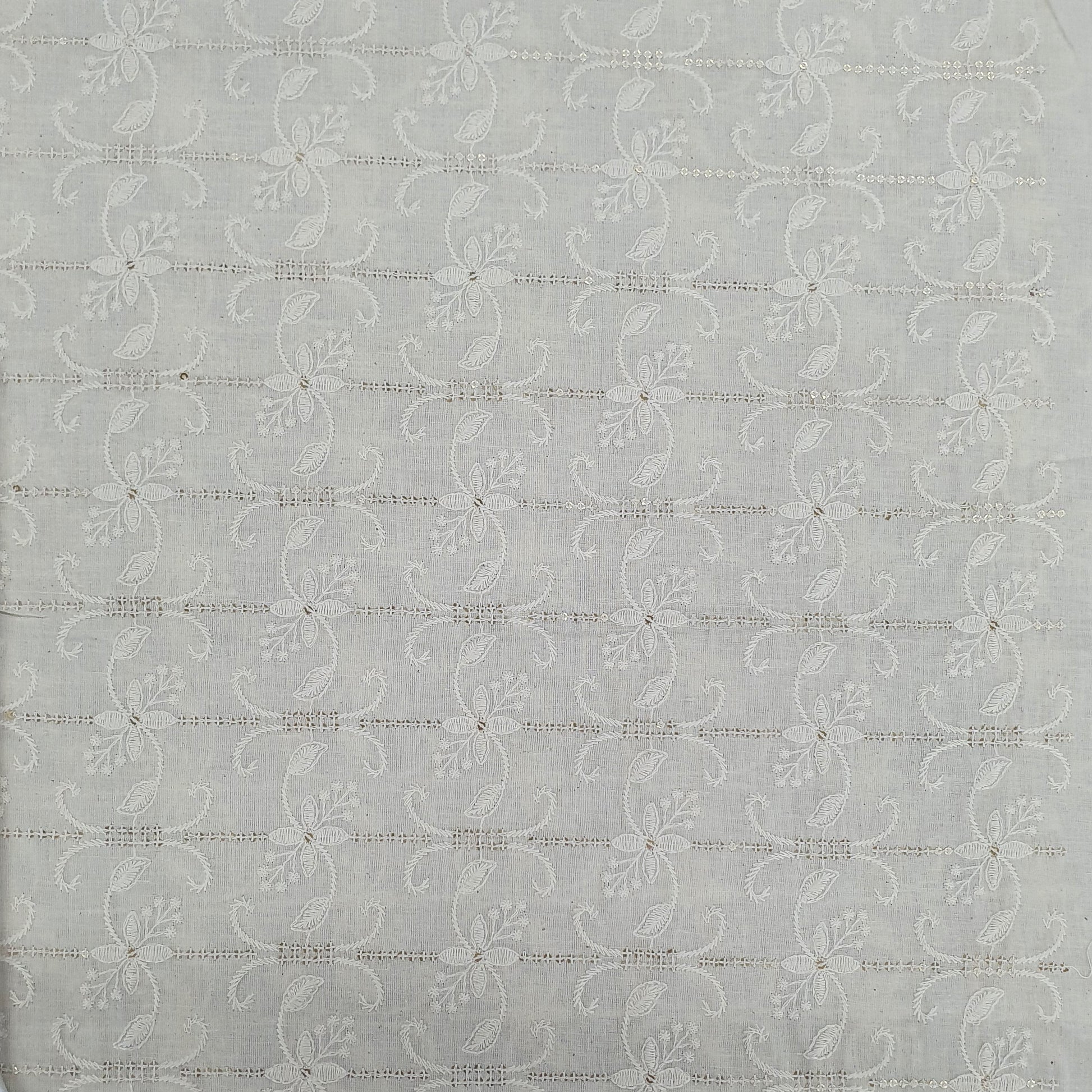 Cream Embroidery Sequence Cotton Fabric Trade Uno