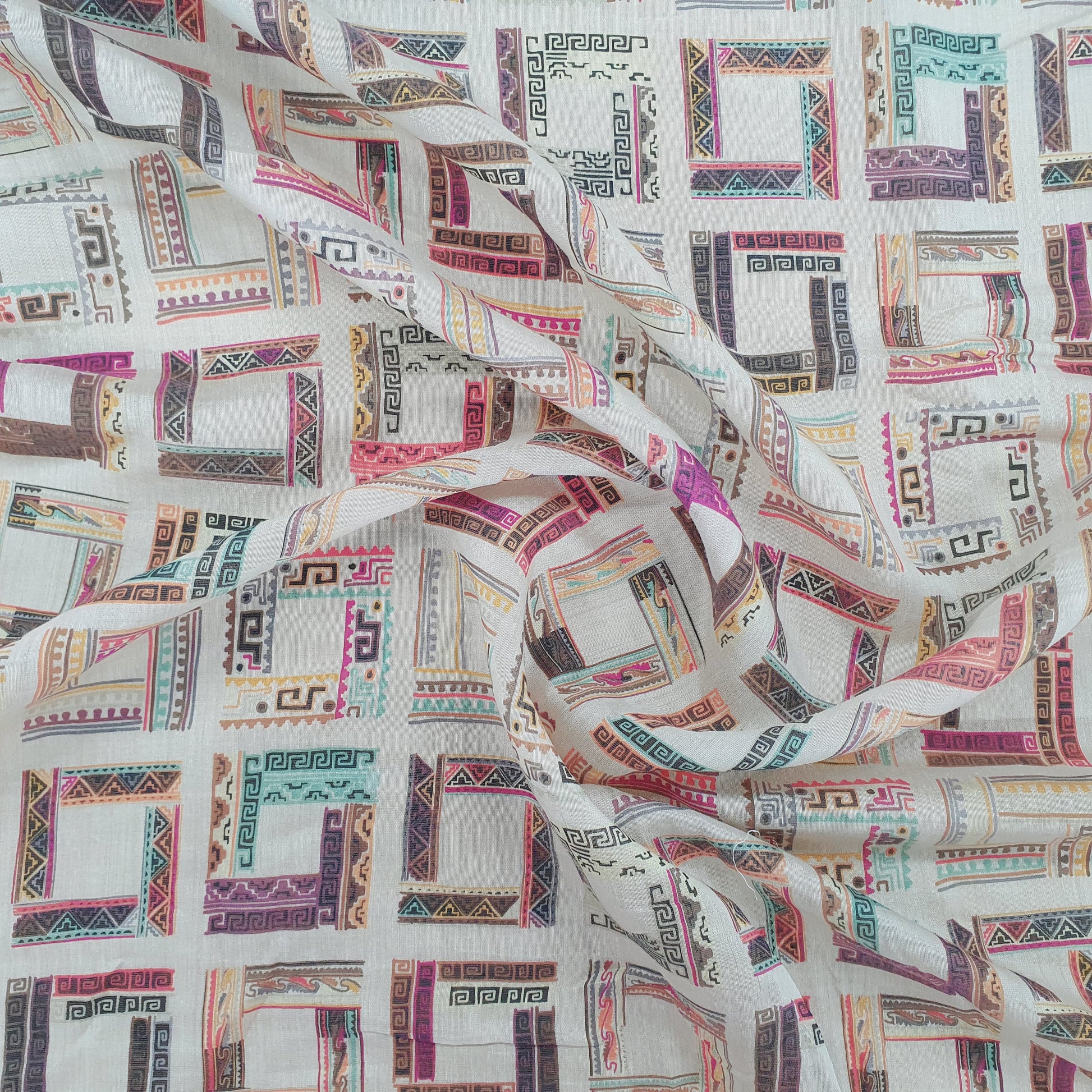 Cream Geometrical Print South Silk Fabric Trade UNO