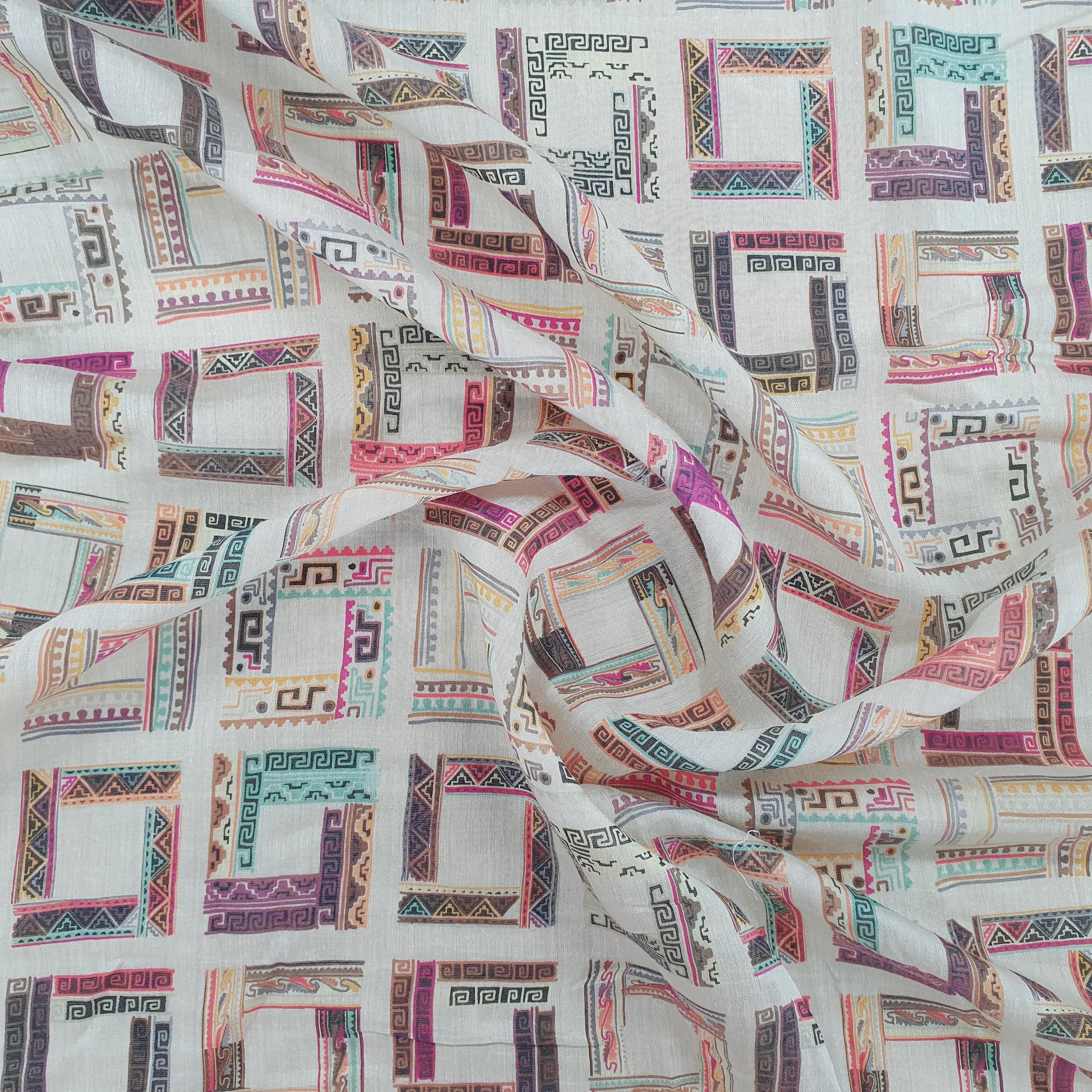 Cream Geometrical Print South Silk Fabric Trade UNO