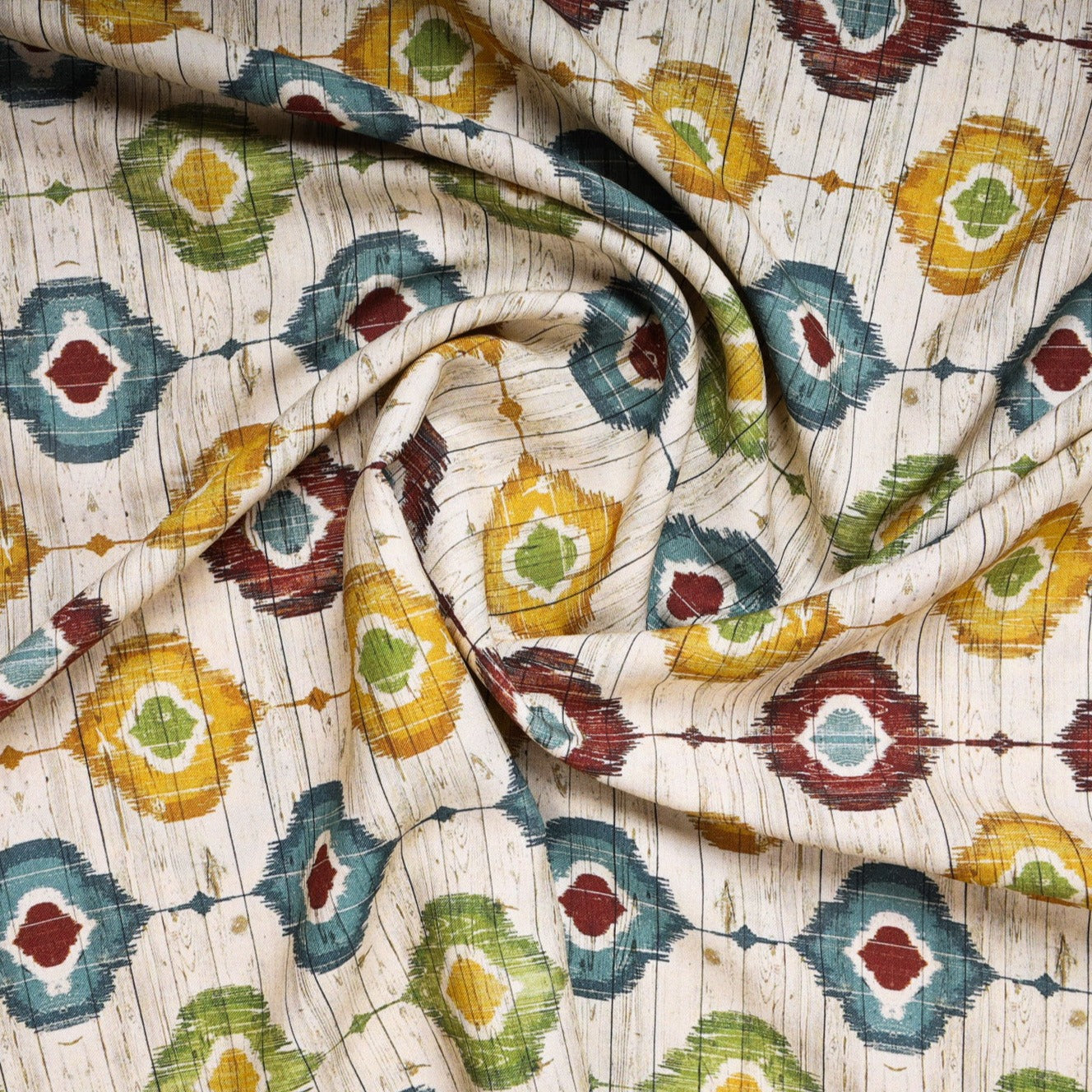 Cream Multi Color Traditional Rayon Fabric Plain Weave 44 Inches