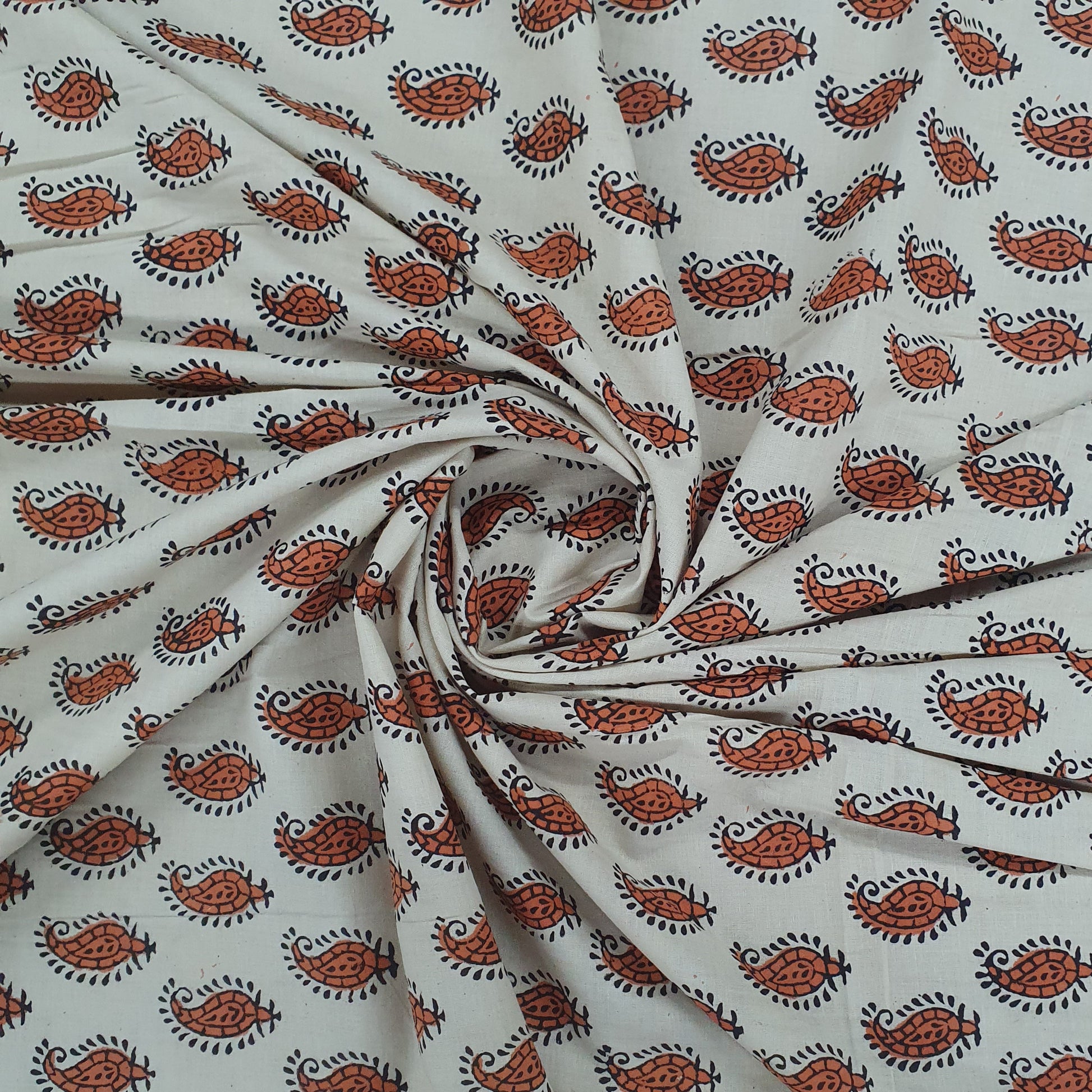 Cream & Brown Paisley With Handblock Print Cotton Fabric Trade UNO