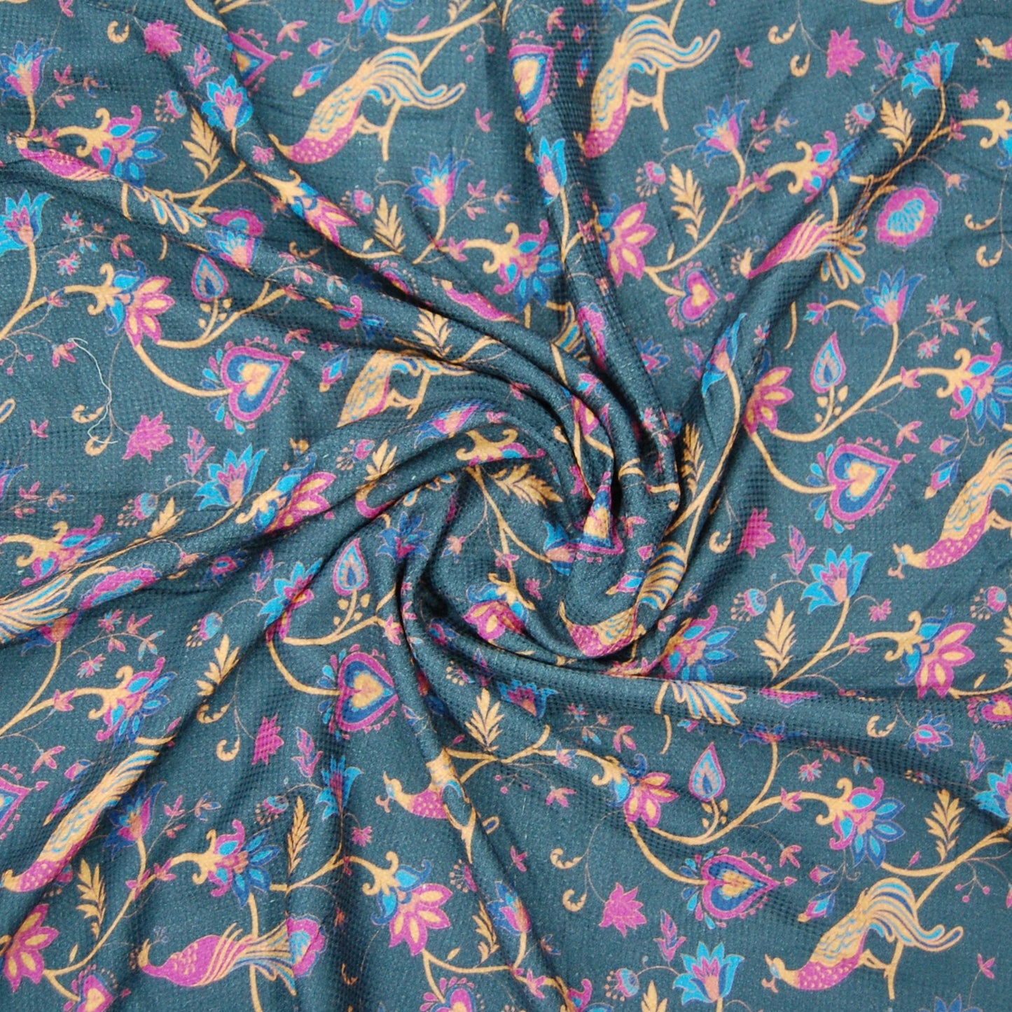 Navy Blue Peacock & Floral Viscose Dobby Fabric Trade UNO